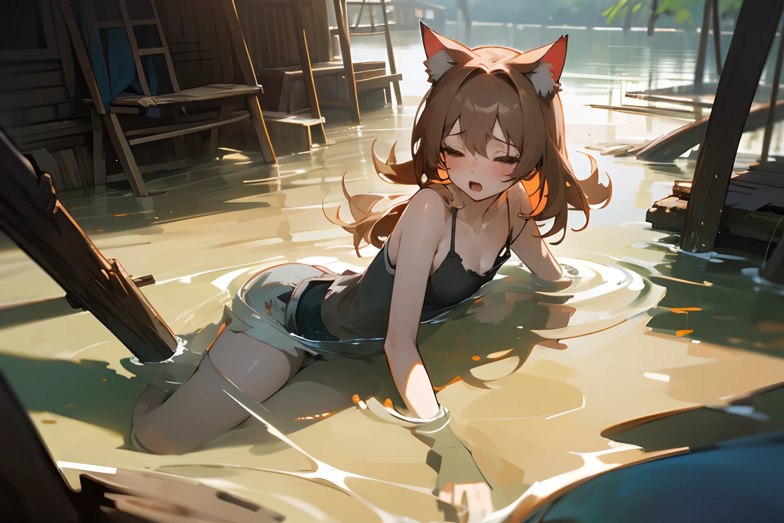 ((best quality)), in 8K, wide shot, (Very unkempt hair, exposed breast, Tattered and torn camisole,　Dirty white camisole、 Slender small breasts、Put your feet in the water）、red blush、Close your eyes and open your mouth wide, Textured skin, Cat ears, Pale brown hair, Cute Beautiful Girl、Shallow rivers in slums