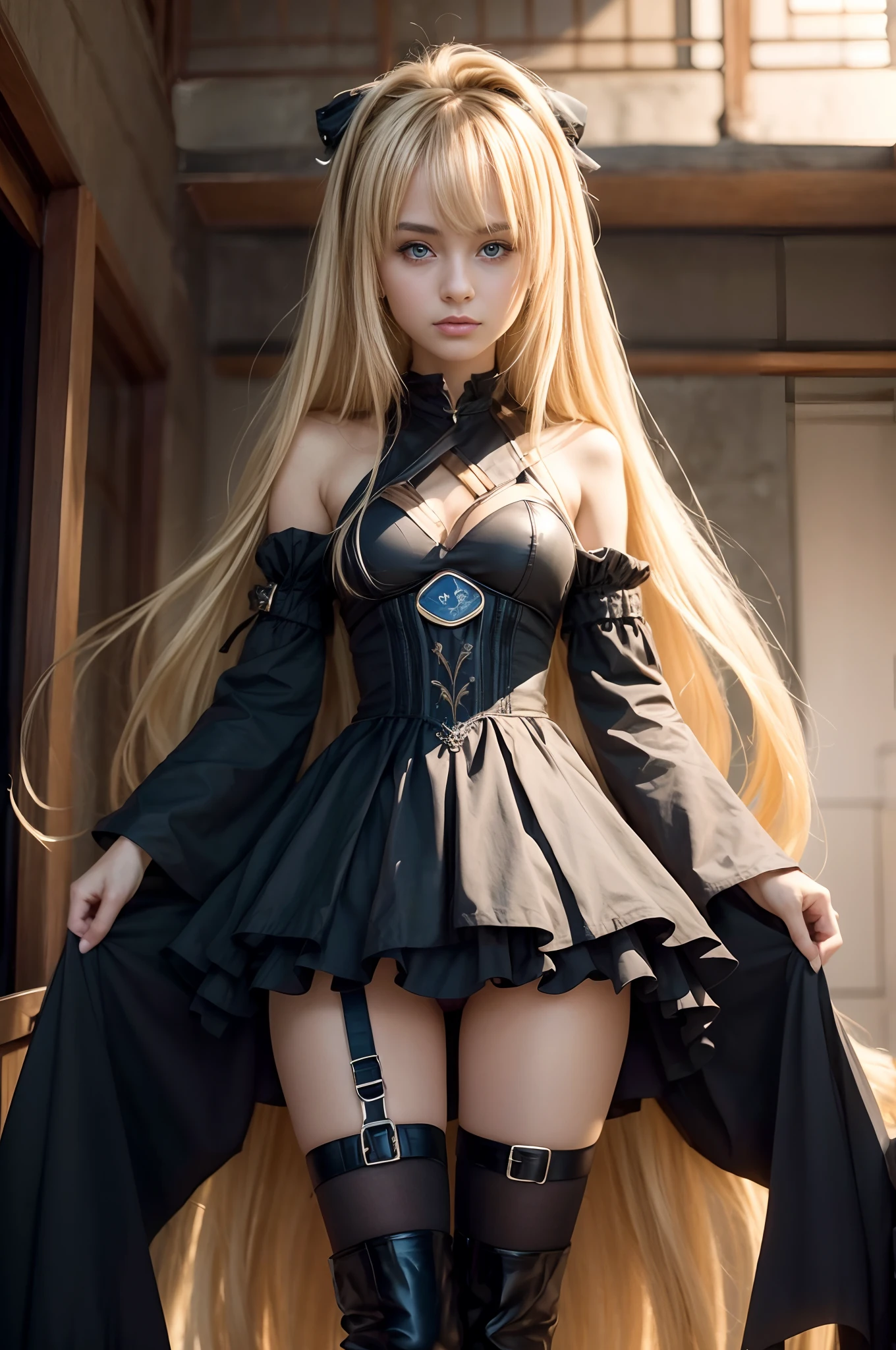 (masterpiece:1.6, best quality), (finely detailed beautiful eyes: 1.2), phyami, yaminor, 1girl, solo, blonde hair, long hair, red eyes, thigh strap, very long hair, detached sleeves, black dress,