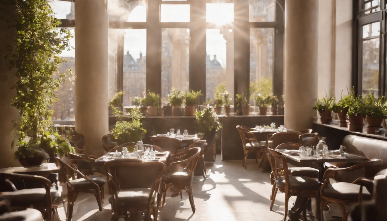 the met,Spring sunshine,early afternoon,Stylish café、Outside view