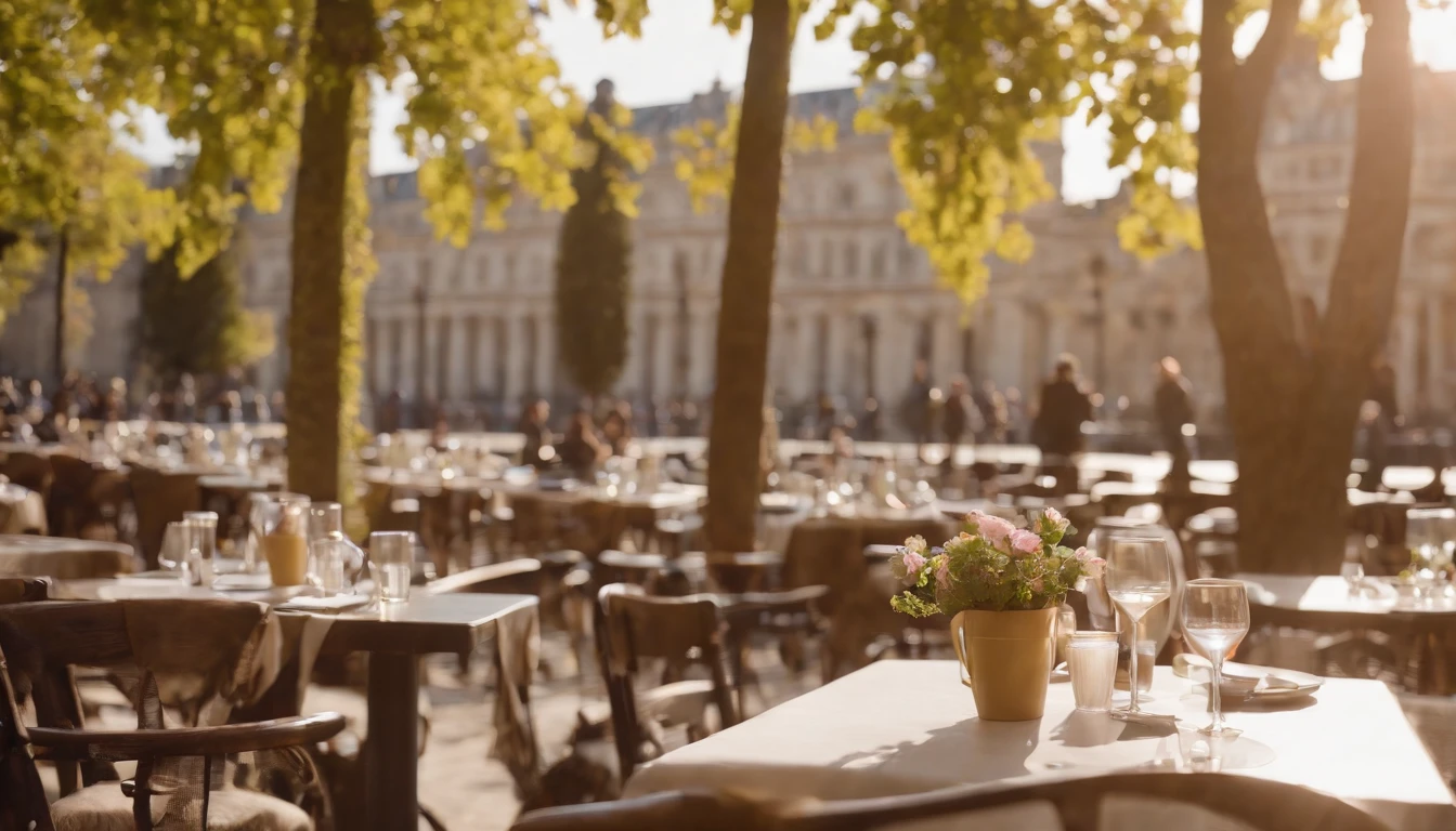 the met,Spring sunshine,early afternoon,Stylish café、Outside view