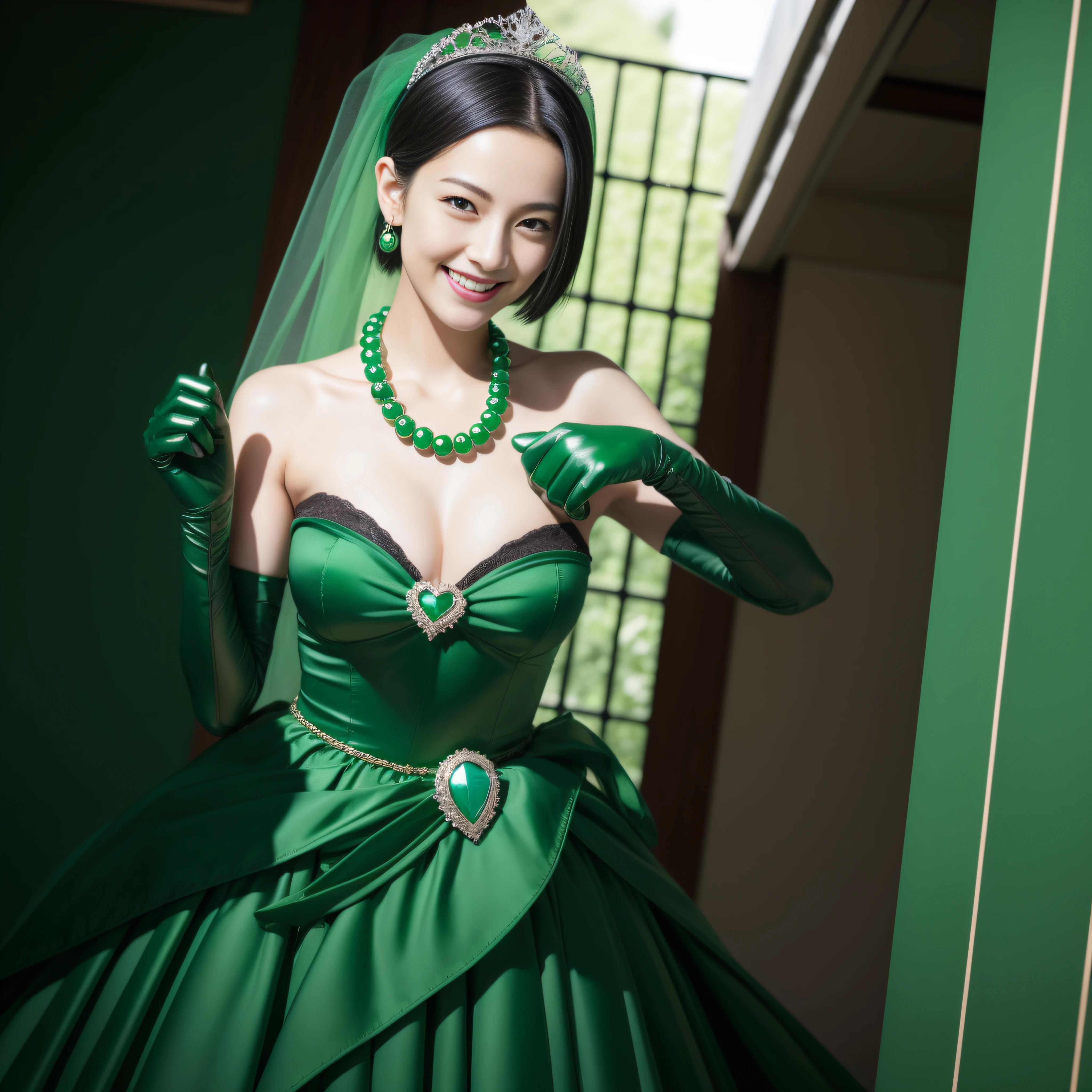 Boyish very short black hair, lipsticks, Japan woman smiling, Green Long Grove, Emerald Tia boyish very short black hair, lipsticks, Japan woman smiling, Satin green long gloves, Green Pearl Necklace, verd s eyes, Green eyes, Long green gloves made of satin material, big breasts beautiful, Green Bridal Veil, Green eyes, Emerald Earrings,emerald tiara, Guts Pose