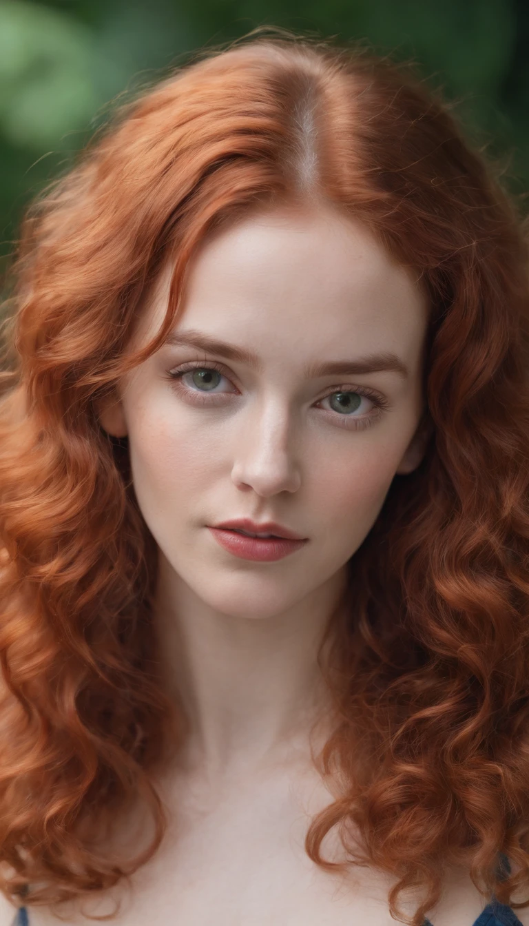 the portrait of a young woman with curly red hair,  vibrant color gradients, playful expressions, normcore, vibrant and textured, 1970–present, shiny, naked, no bra, hard nipples