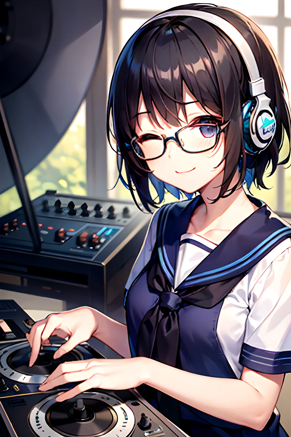 (1 Junior High School Girl、A dark-haired、short-hair、straight haired、hair adornments、eye closed、A smile、Black glasses、small tits、cute face)、Sailor suit with short sleeves、Sailor suit skirt、full body Esbian、camera view、Turntables on both sides of the mixer console、masterpiece、top-quality、nffsw、Wearing headphones on your neck