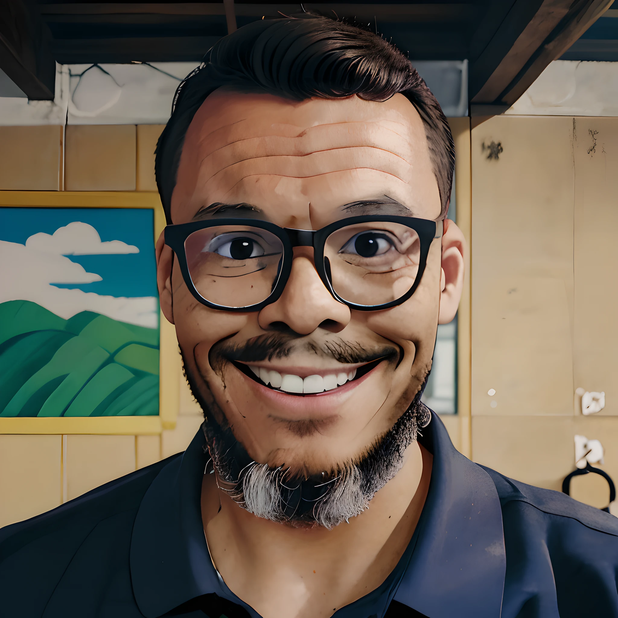 guttoépico2, Turn a photograph of a man from the shoulders up into an illustration ((estilo desenho animado 2D)). The man should be depicted wearing glasses, ((sorridente)), e vestido com uma camisa polo preta. Elimine o plano de fundo para criar uma limpeza, focused composition. Emphasize the cartoonish features of the subject's smile and attire, mantendo um senso de realismo.
