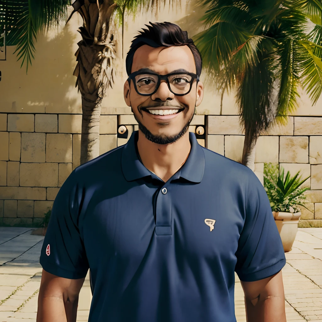 guttoepic2, Turn a photograph of a man from the shoulders up into an illustration ((estilo desenho animado 2D)). The man should be depicted wearing glasses, ((sorridente)), e vestido com uma camisa polo preta. Elimine o plano de fundo para criar uma limpeza, focused composition. Emphasize the cartoonish features of the subject's smile and attire, mantendo um senso de realismo.