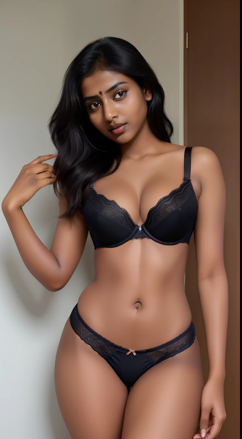 Indian girl before sex, sexy girl, outfit (bra and panty), sexy figure, dark skin, sexy pose