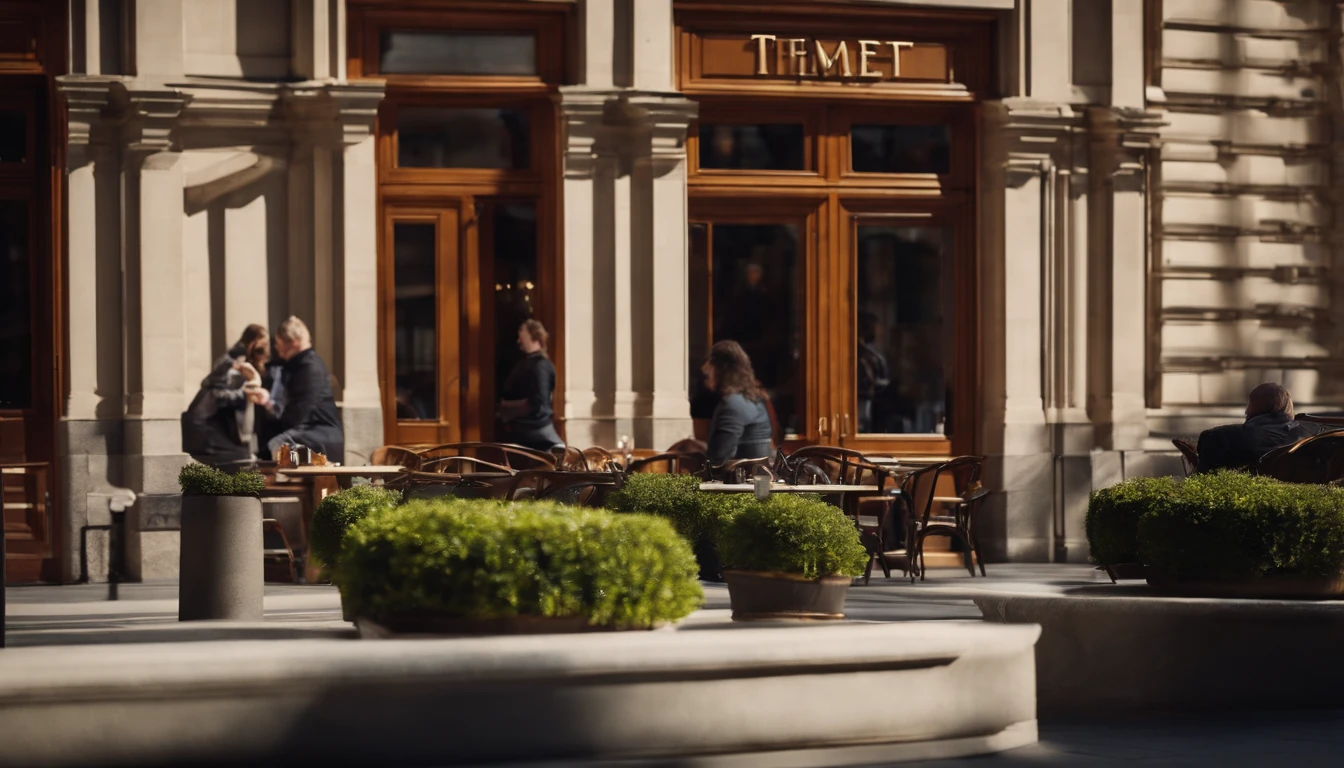 the met,Spring sunshine,early afternoon,Stylish café、Seen from the outside