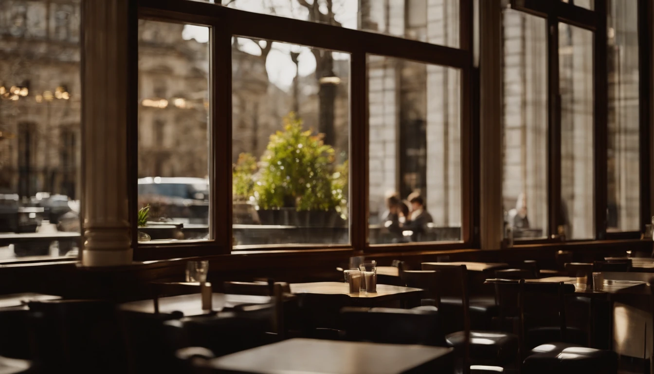 the met,Spring sunshine,early afternoon,Stylish café、Seen from the outside