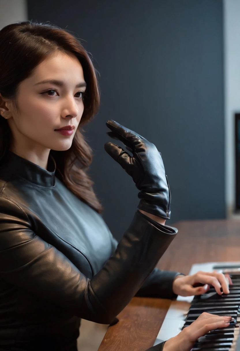 Wearing black leather gloves in both hands, upper body, black business suit, facing the desk in my room with a computer in the dark, tapping the keys of the computer keyboard with the fingertips of black leather gloves while looking at the screen, black hair bundled in the back for a long time, Japanese female new employee (black leather gloves cover both hands) (angle is in the front)