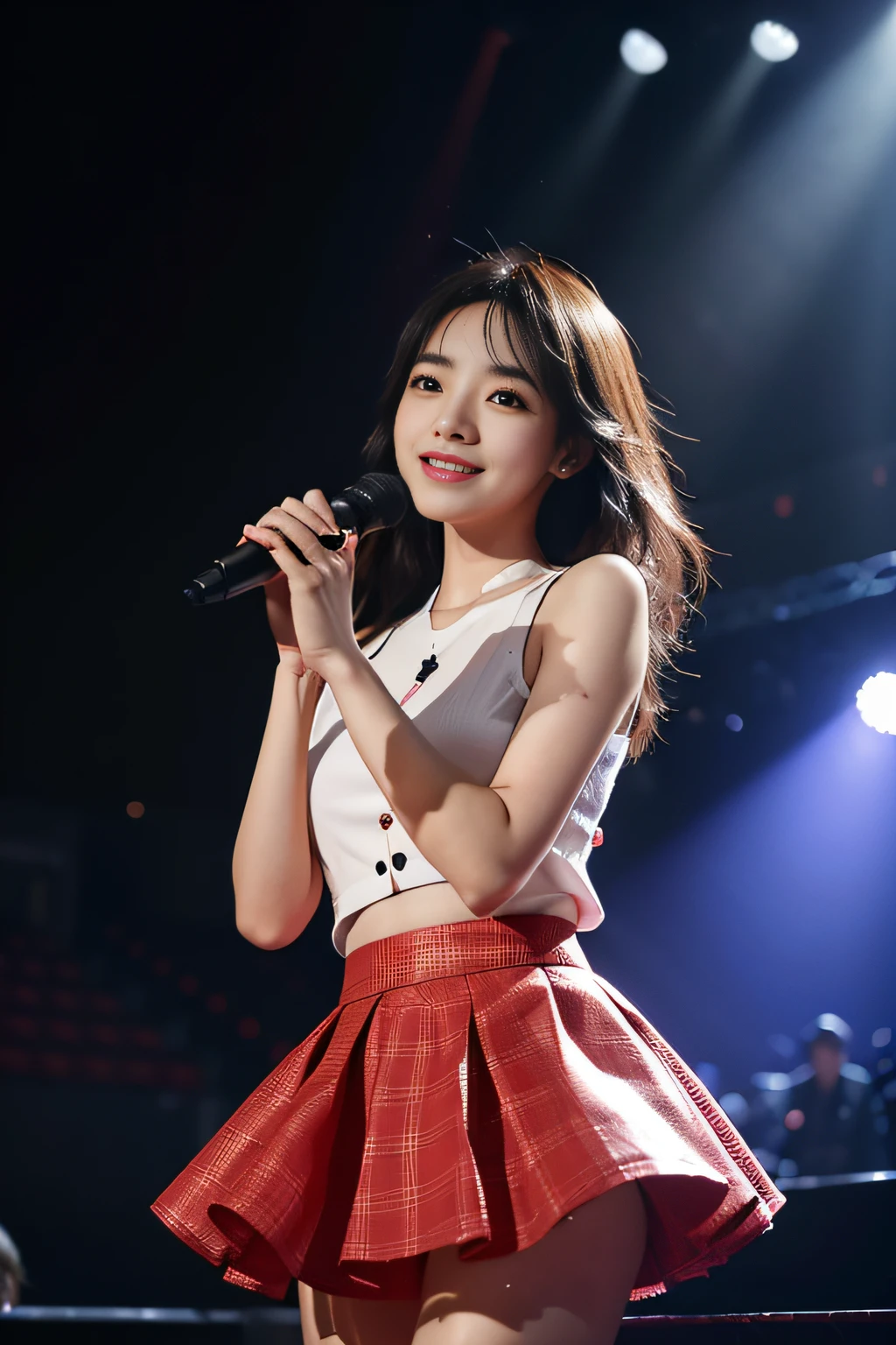 ​masterpiece, top-quality, 8K, absurderes, (The upper part of the body:1.4), Idol stage costumes, flered skirt、Kawaii Girl, Clean face, looking at the viewers, A smile, Hold the microphone and sing、A hyper-realistic, hight resolution, a picture, film grains, chromatic abberation, foco nítido, nffsw, face lights, Dynamic lighting, 电影灯光, Professional Shadows,  (Background of the concert venue:1.4), finely detail, authentic skin, delicated facial features, detailed faces and eyes, Sharp pupils、