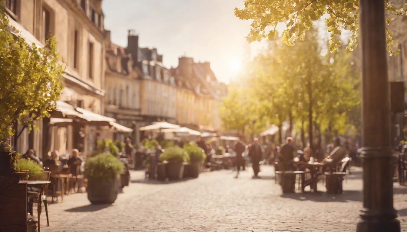 Urban cityscape,Spring sunshine,early afternoon,Stylish café、Outside view