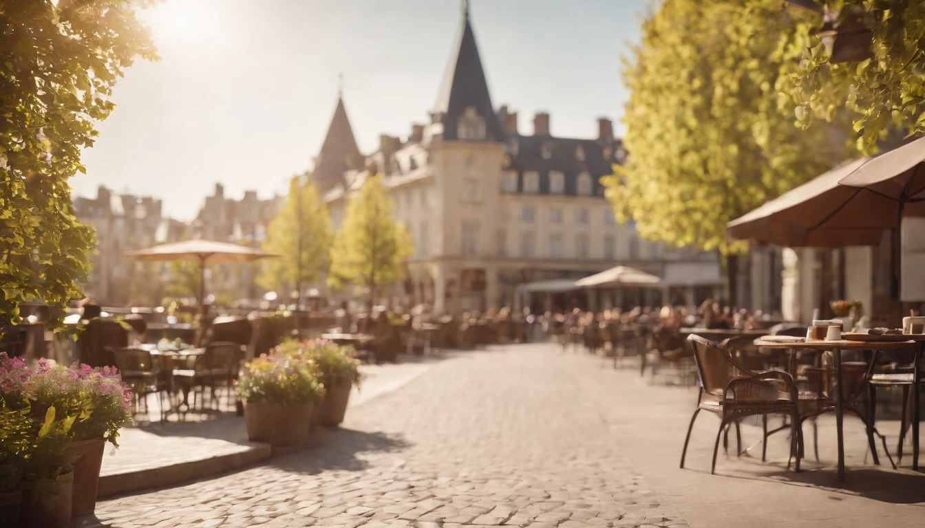 Urban cityscape,Spring sunshine,early afternoon,Stylish café、Outside view