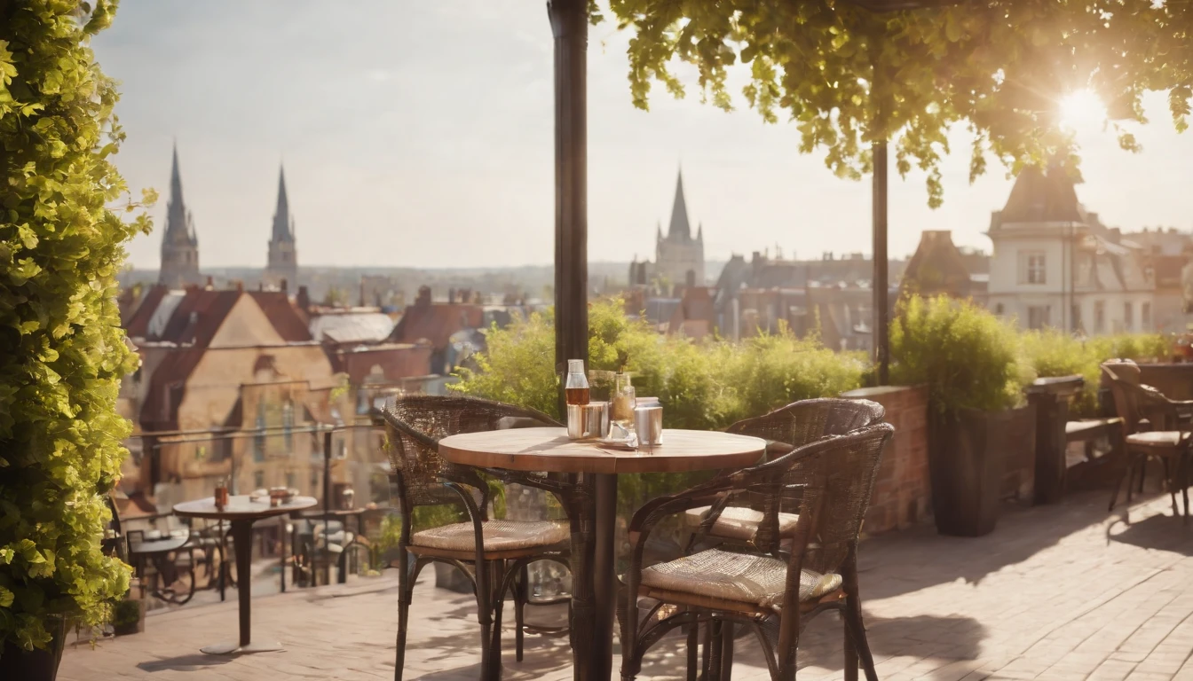Urban cityscape,Spring sunshine,early afternoon,Stylish café、Outside view