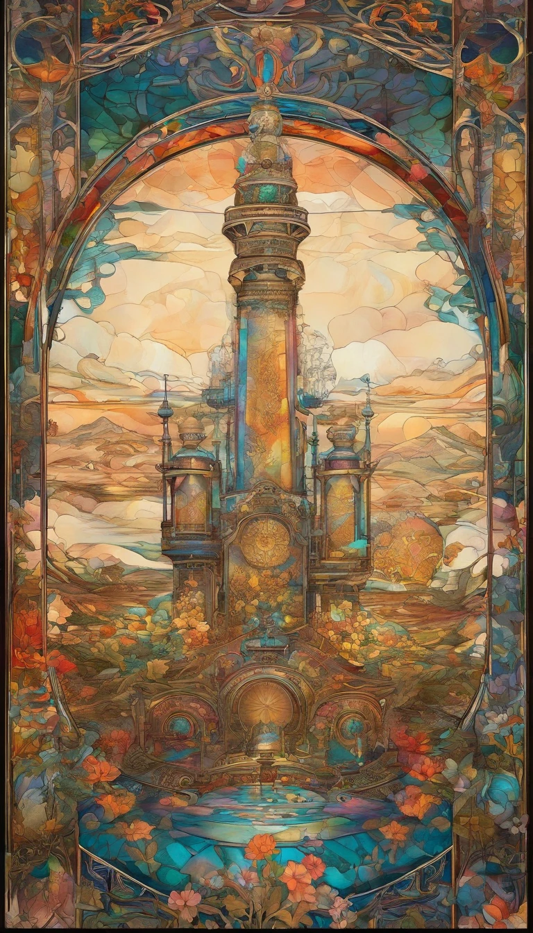 Colorful steampunk transparent landscape embroidery color ink pattern porcelain bottle front panoramic body view,The style of Jingdezhen porcelain,The bottles are embossed and carved into colorful mechanical parts,The main body is made of gold wire windings,Colorful glazes, Photography。Real light and shadow,refractions,Reflection,High light transmittance,lightand shade contrast, High contrast,Extremely dispersed,intricately details,8K rendering,Art Station and Pixiv trends. Epic picture, the wallpaper,Filmquality,Intricate and deep details,Strong sense of three-dimensionality. Created by Giger, Artgerm and Greg Rutkowski, Alphonse Mucha, CGSesociety.