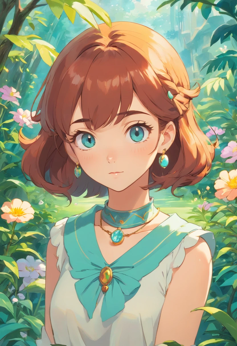 April O'Neill, a girl wearing an anime collar, a long necklace and earrings, in the style of tranquil gardenscapes, colorful animation stills, masami teraoka, aquamarine, paul gauguin, Embry style, honest portrayal