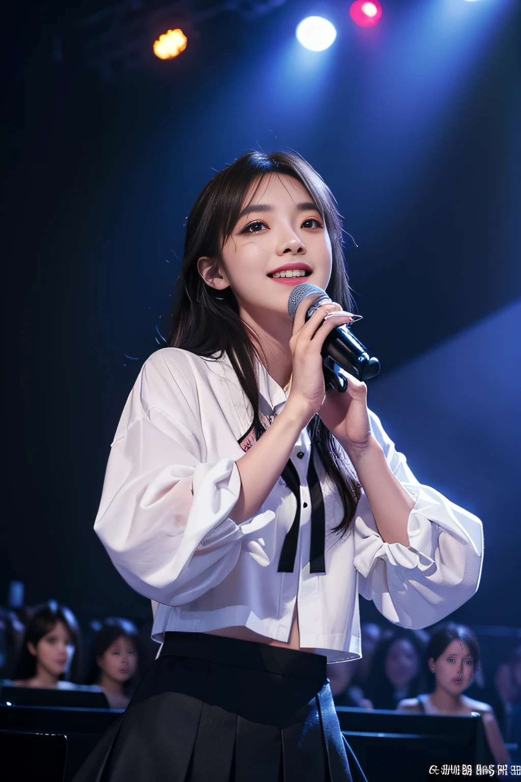 (8K), (highest quality: 1.2), (realistic), (realistic: 1.47), ultra high resolution, 1 girl, cute, smile, closed mouth, (thick lips:1.2),red lip,(Purse your mouth),beautiful details, beautiful nose,(Straight shiny black hair),(With a black ribbon on her head),(ponytail hair),Crouching on the concert stage,hold the microphone in your right hand,Bend your elbows and raise your hands,(University Student Uniform,A simple navy blue blazer,white satin shirt,tie,Tartan check pleated skirt,Loose-fitting high socks:1.2),(Close up on wet thighs:1.2),(knees),(super low angle:1.3),(medium shot),