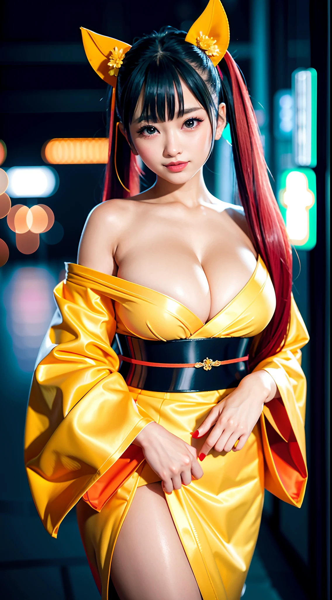 ((gorgeous Golden kimono)),((gorgeous orange kimono)),((gorgeous pink kimono)),((gorgeous red kimono)),((royal textured kimono)), (((smile:1.0, laugh:1.0))),
1girl, solo, makeup, highres, large breasts:1.4 , cleavage, looking at viewer, smile, bangs, bare shoulders, black hair,collarbone, crossed bangs, hair between eyes, hair ornament, hair ribbon, huge breasts, japanese clothes, large breasts, long hair,mask, mask on head, off shoulder, parted lips, red eyes, red kimono, red ribbon, ribbon, striped ribbon, taihou \(azur lane\), twintails, very long hair, wide sleeves,(shiny skin), sash,
night, detailed background, Cyberpunk world, Modern metropolis, neon,sfw:1.8,