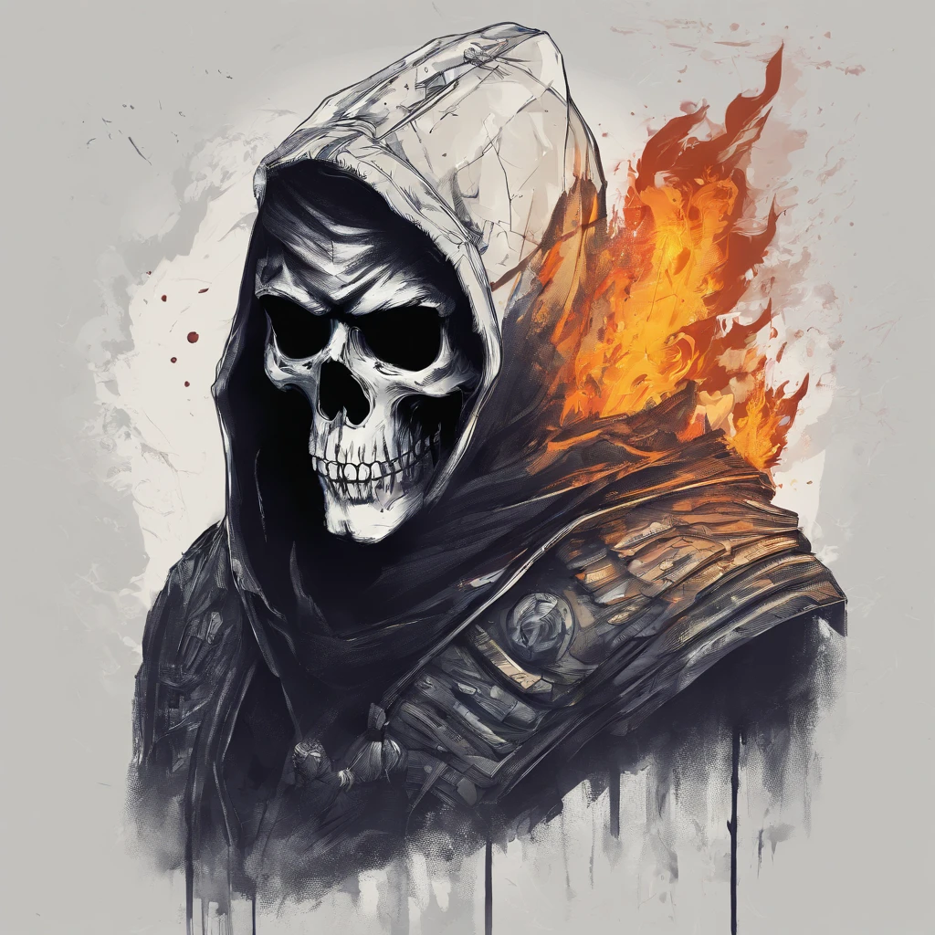 Body standing in ashes, (illustration style), skull face, olhando para cima, boca aberta, fogo saindo, fogo ao seu redor, a lot of fire mist,