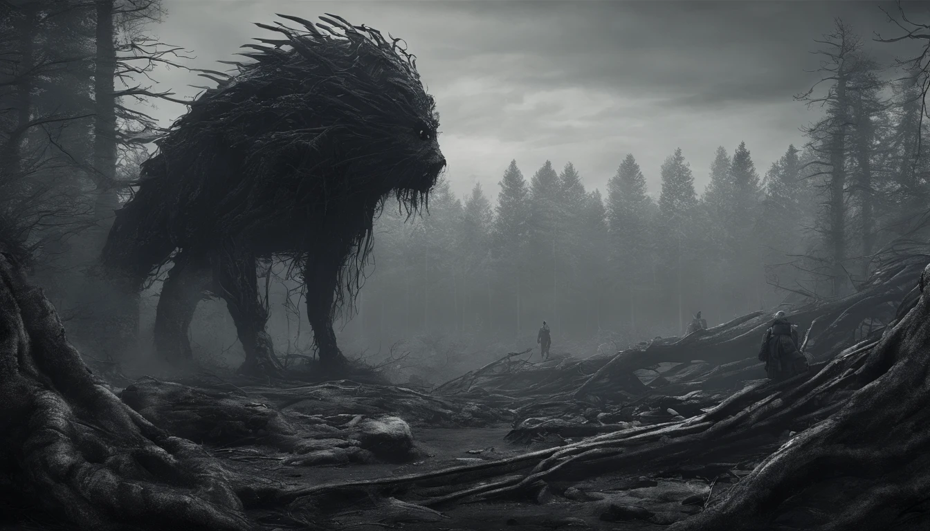 enormous creature, [plane crash], dark ambience, ((eating corpse:1.2)), dead body, crawling, (((half body:1.3))) ((woods)), flesh, slightly foggy, brutal, shallow depth of field, realistic <lora:rfktrsMysteryCreatures_v10:1>