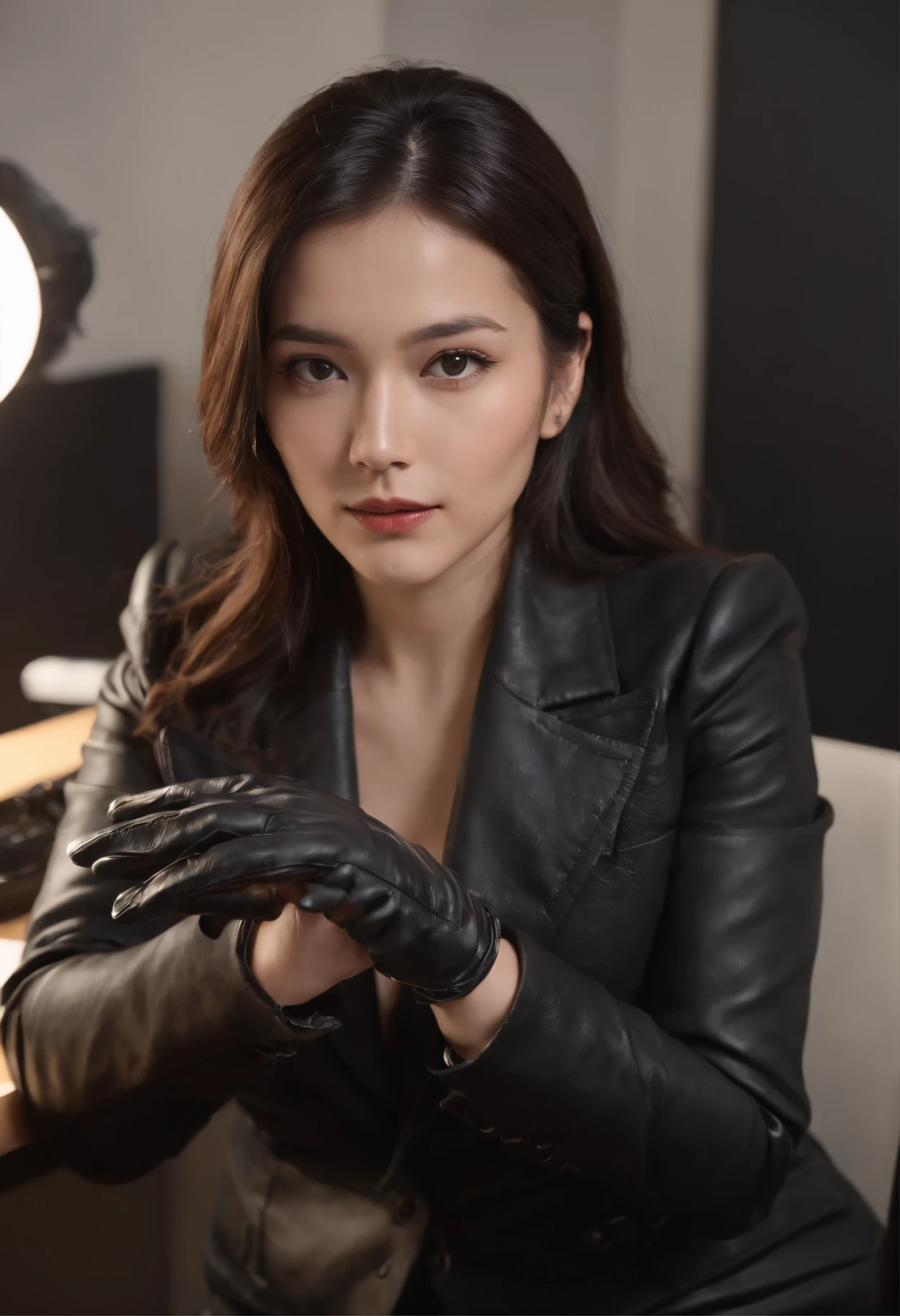 Wearing black leather gloves in both hands, upper body, black business suit, facing the desk in my room with a computer in the dark, tapping the keys of the computer keyboard with the fingertips of black leather gloves while looking at the screen, black hair bundled in the back for a long time, Japanese female new employee (black leather gloves cover both hands) (angle is in the front)