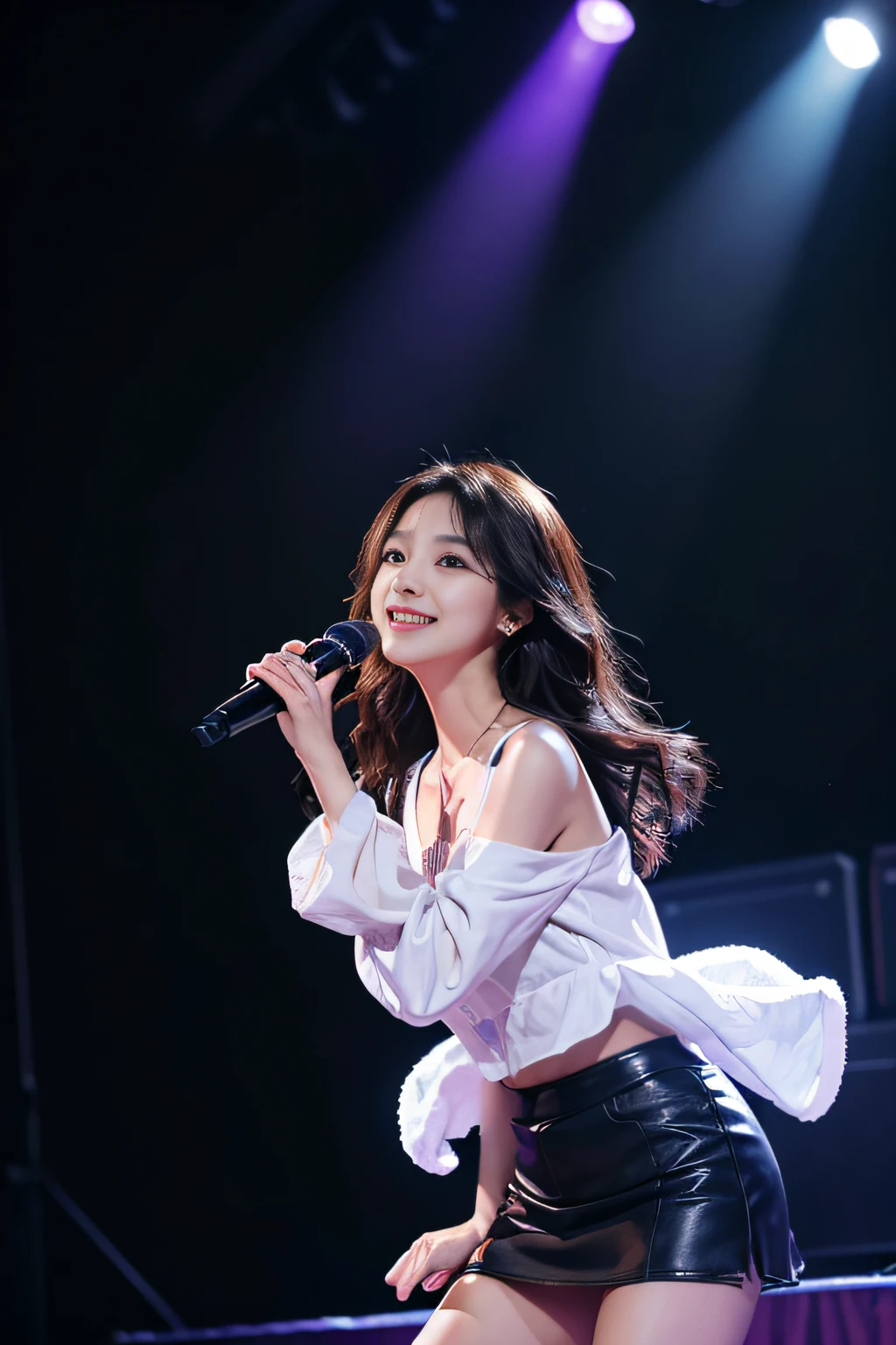 masterpiece, top-quality, 8K, absurderes, (The upper part of the body:1.4), Idol stage costumes, flered skirt、Kawaii Girl, Clean face, looking at the viewers, A smile, Hold the microphone and sing、A hyper-realistic, hight resolution, a picture, film grains, chromatic abberation, foco nítido, nffsw, face lights, Dynamic lighting, 电影灯光, Professional Shadows, (Background of the concert venue:1.4), finely detail, authentic skin, delicated facial features, detailed faces and eyes, Sharp pupils、