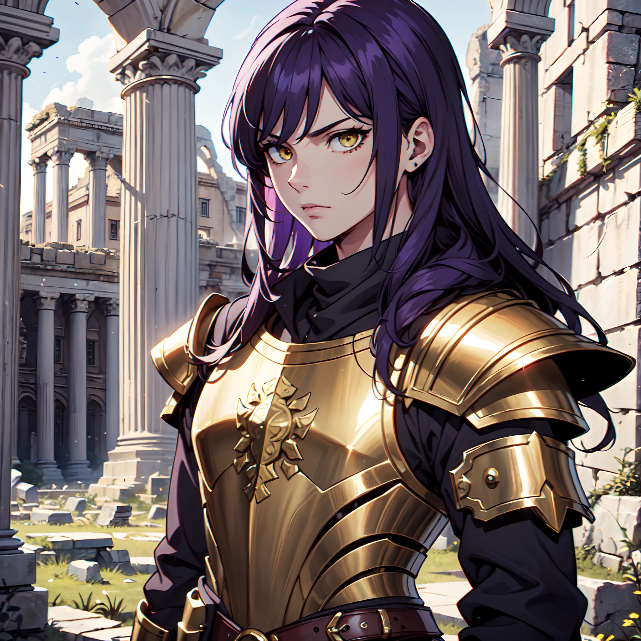 Ultra High Definition,
Ultra High Quality,
Hyper Definition,
Hyper Quality,
Hyper Detailed,
Extremely Detailed,
Perfectly Detailed,
Masterpiece,
8k,
1 Boy,
Anime,
Long Purple Hair,
Under Cut Hairstyle,
Solid Yellow Eyes,
Handsome,
Armored With Roman Emperor Armor,
Body Shot,
Ancient Roman Empire Ruins Background,