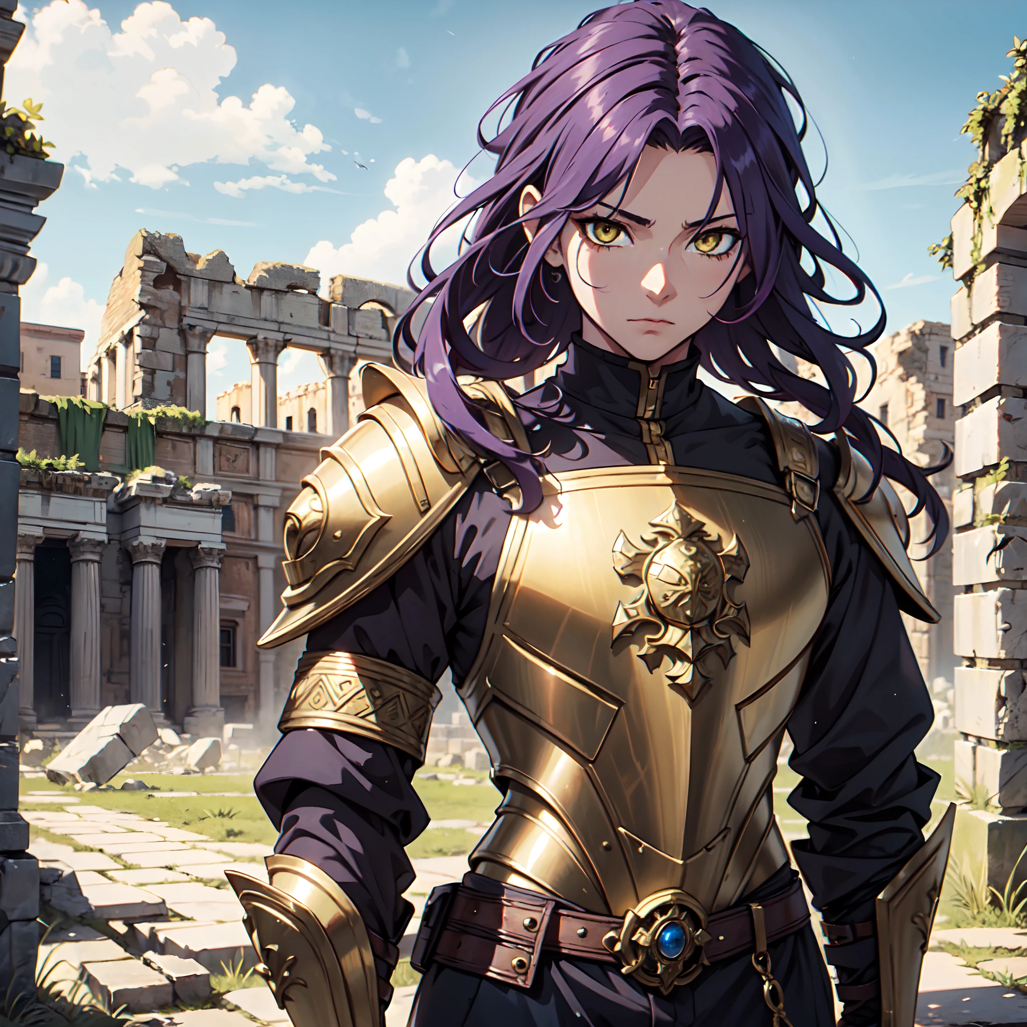 Ultra High Definition,
Ultra High Quality,
Hyper Definition,
Hyper Quality,
Hyper Detailed,
Extremely Detailed,
Perfectly Detailed,
Masterpiece,
8k,
1 Boy,
Anime,
Long Purple Hair,
Under Cut Hairstyle,
Solid Yellow Eyes,
Handsome,
Armored With Roman Emperor Armor,
Body Shot,
Ancient Roman Empire Ruins Background,