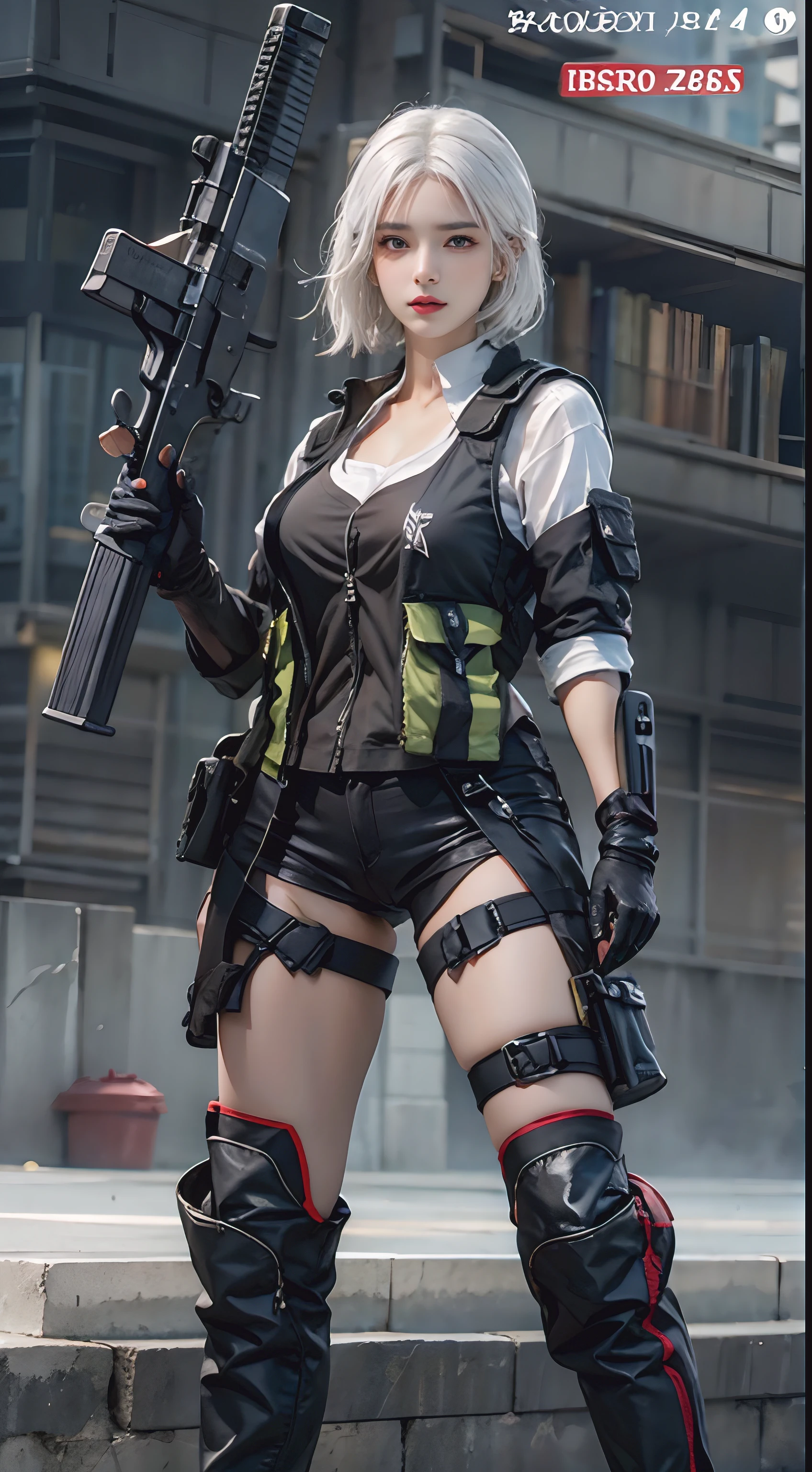Photorealistic, high resolution, 1womanl, Solo, Hips up, view the viewer, (Detailed face), White hair, SWAT vests, Gun, jewelry
