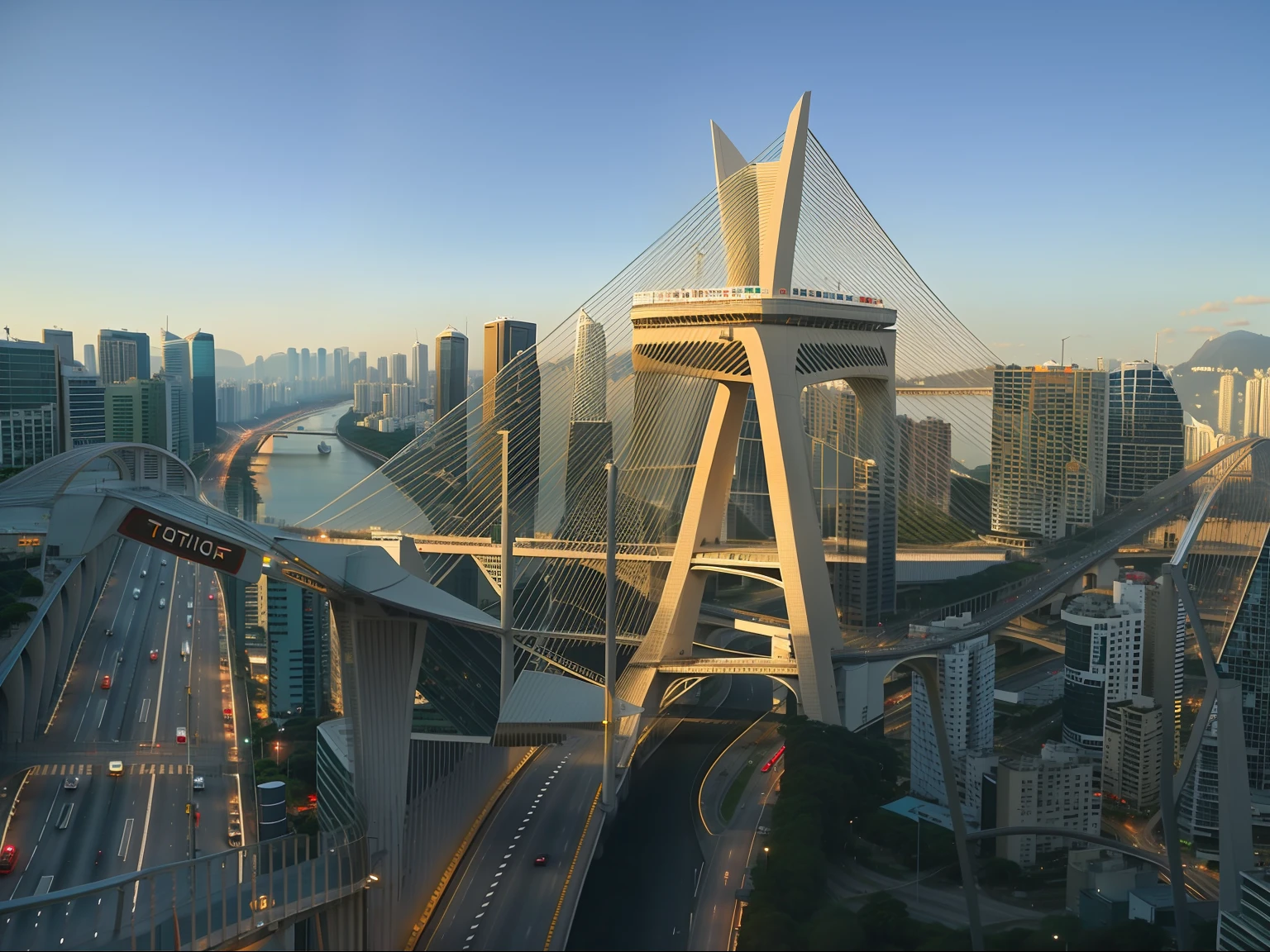 Ponte sobre um rio com carros passando sobre ele, pontes elegantes entre torres, futuristic sao paulo, sao paulo, São Paulo, sao paulo in the year 2 0 7 0, Directed by: Joze Ciuha, ponte alta com a cidade no topo, Torres e pontes elevadas, In Sao Paulo, Directed by: Manuel Franquelo, Directed by: Felipe Seade, Directed by: Xavier Blum Pinto