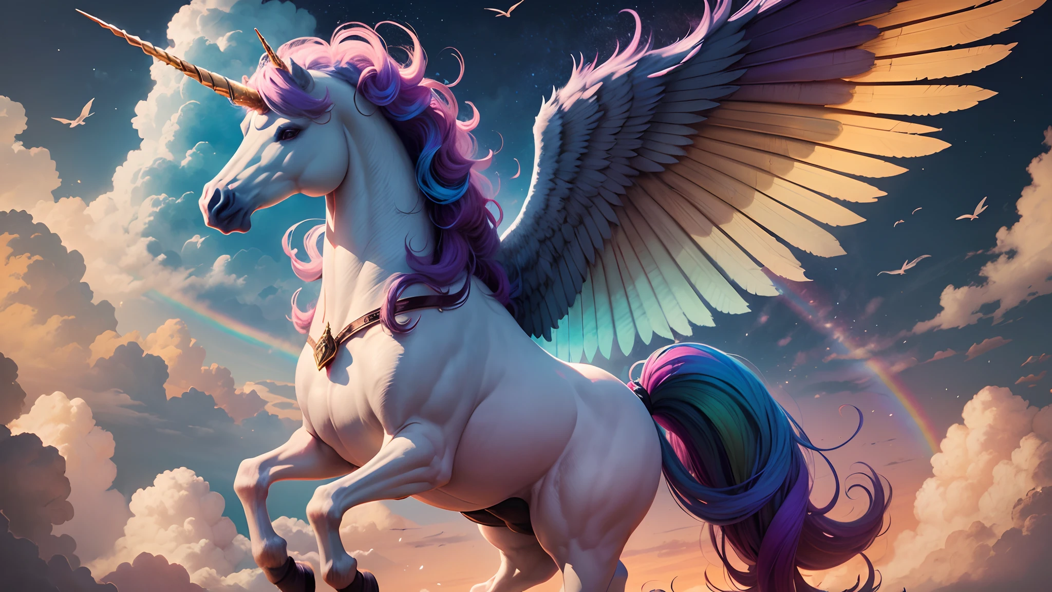a stunning unicorn with powerful wings flying in the sky, rainbow in the background -imagine --auto --s2