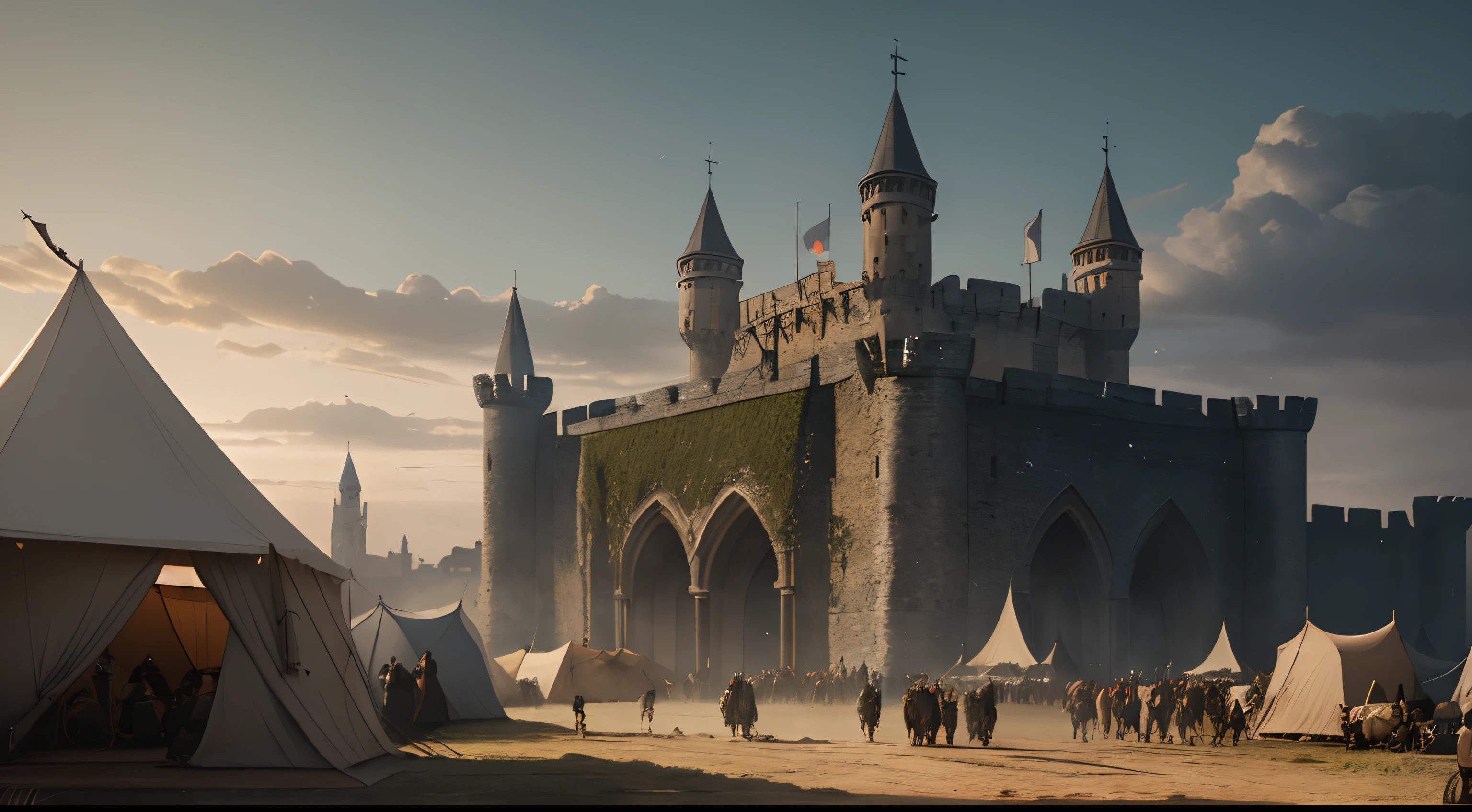create an image outside the medieval castle, from the year 1800, this at war,many warriors with horses, destroyed city movie style,medieval,realistic with tents outside,movie style,holyhood,cinematic epic,medieval style,sharp focus,hyperrealism,detailed painting,character design,concept art,gray paint,Blade Runner in 4k resolution