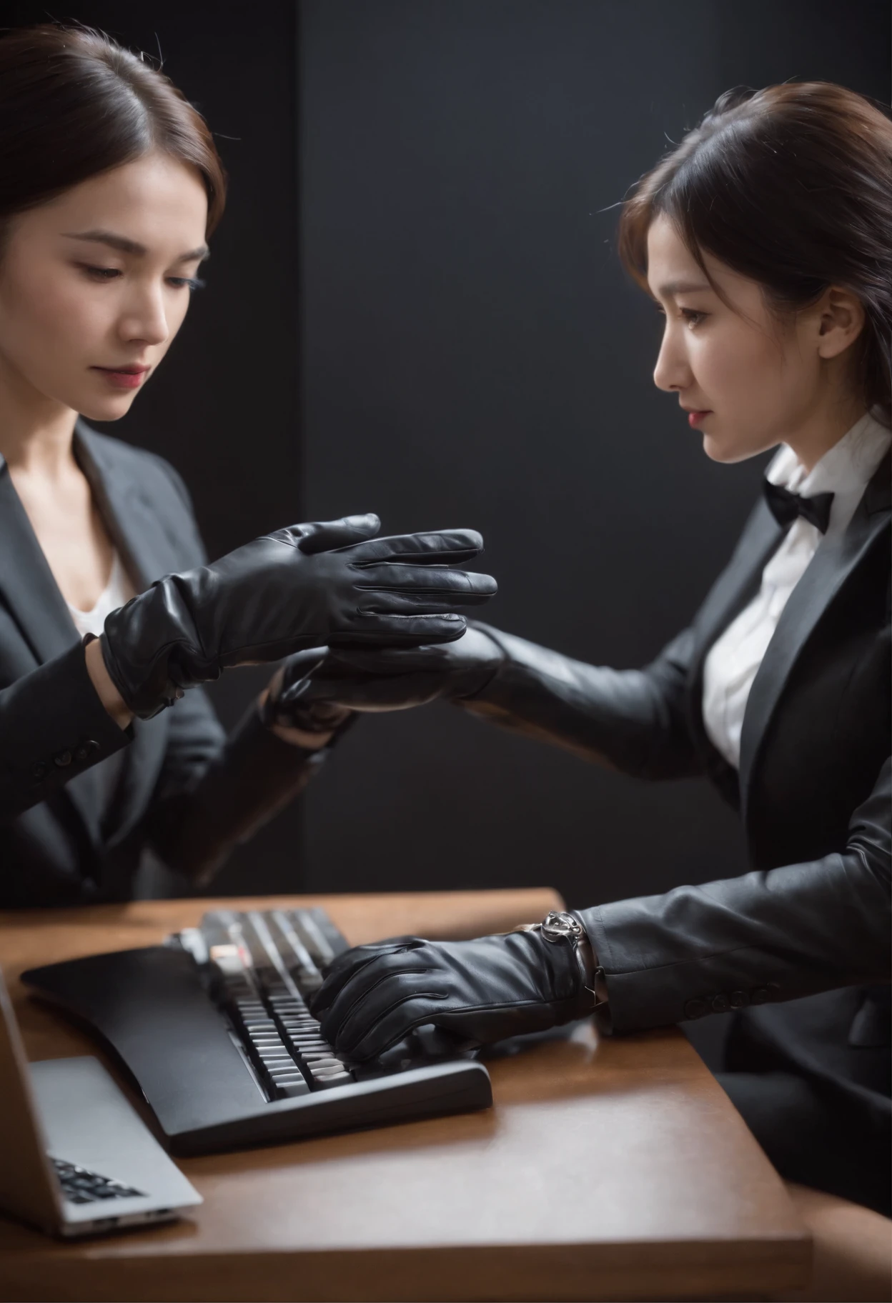 Wearing black leather gloves in both hands, upper body, black business suit, facing the desk in my room with a computer in the dark, tapping the keys of the computer keyboard with the fingertips of black leather gloves while looking at the screen, black hair bundled in the back for a long time, Japanese female new employee (black leather gloves cover both hands) (angle is in the front)