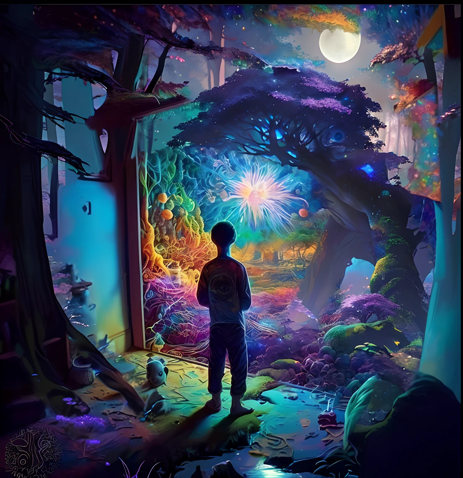 (bibujalo in a forest looking at the moon and the existing effects), (best quality,4k,8k,highres,masterpiece:1.2), ultra-detailed, realistic:1.37, vivid colors, HDR, mystical, ethereal, enchanted, dreamlike, moonlit, magical forest, majestic trees, towering moss-covered branches, sparkling moonlight filtering through the leaves, soft glow illuminating the forest floor, gentle mist weaving through the trees, vibrant hues of blues and purples, shimmering silver moonbeams, delicate fairy lights, atmospheric and moody, enchanting atmosphere, serene calmness, tranquility, sense of wonder, forest creatures, ethereal reflections, abandoned ruins covered in ivy, ancient wisdom, whispering secrets of the woodland, twinkling stars, deep shadows, mysterious figures glimpsed among the trees, mesmerizing and captivating scenery, evoking a sense of awe and enchantment.