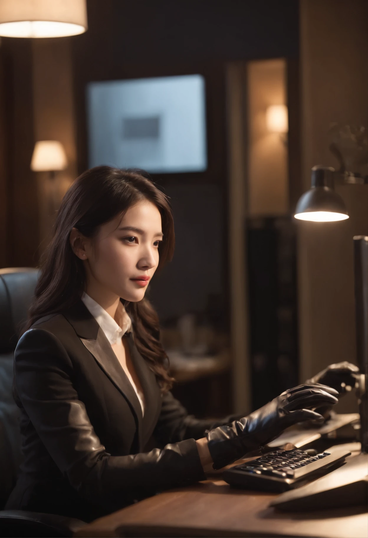 Wearing black leather gloves in both hands, upper body, black business suit, facing the desk in my room with a computer in the dark, tapping the keys of the computer keyboard with the fingertips of black leather gloves while looking at the screen, black hair bundled in the back for a long time, Japanese female new employee (black leather gloves cover both hands) (angle is in the front)