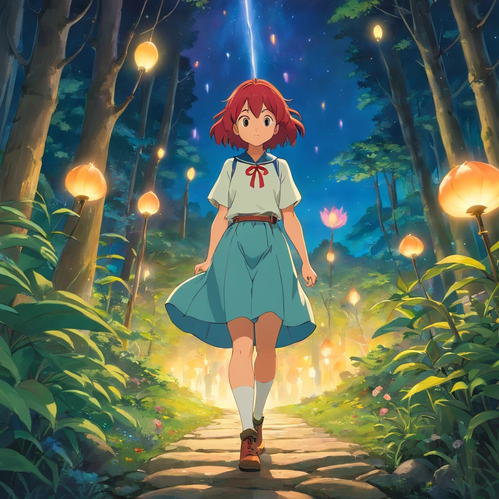 April O'Neil, fairy tale forest at night, shooting stars, Totoro, woman with torch in hand, red hair, skirt, short top, fishnet stockings and short boots, a girl wearing an anime collar, a long necklace and earrings, in the style of tranquil gardenscapes, colorful animation stills, masami teraoka, aquamarine, paul gauguin, Embry style, honest portrayal, full body portrait!