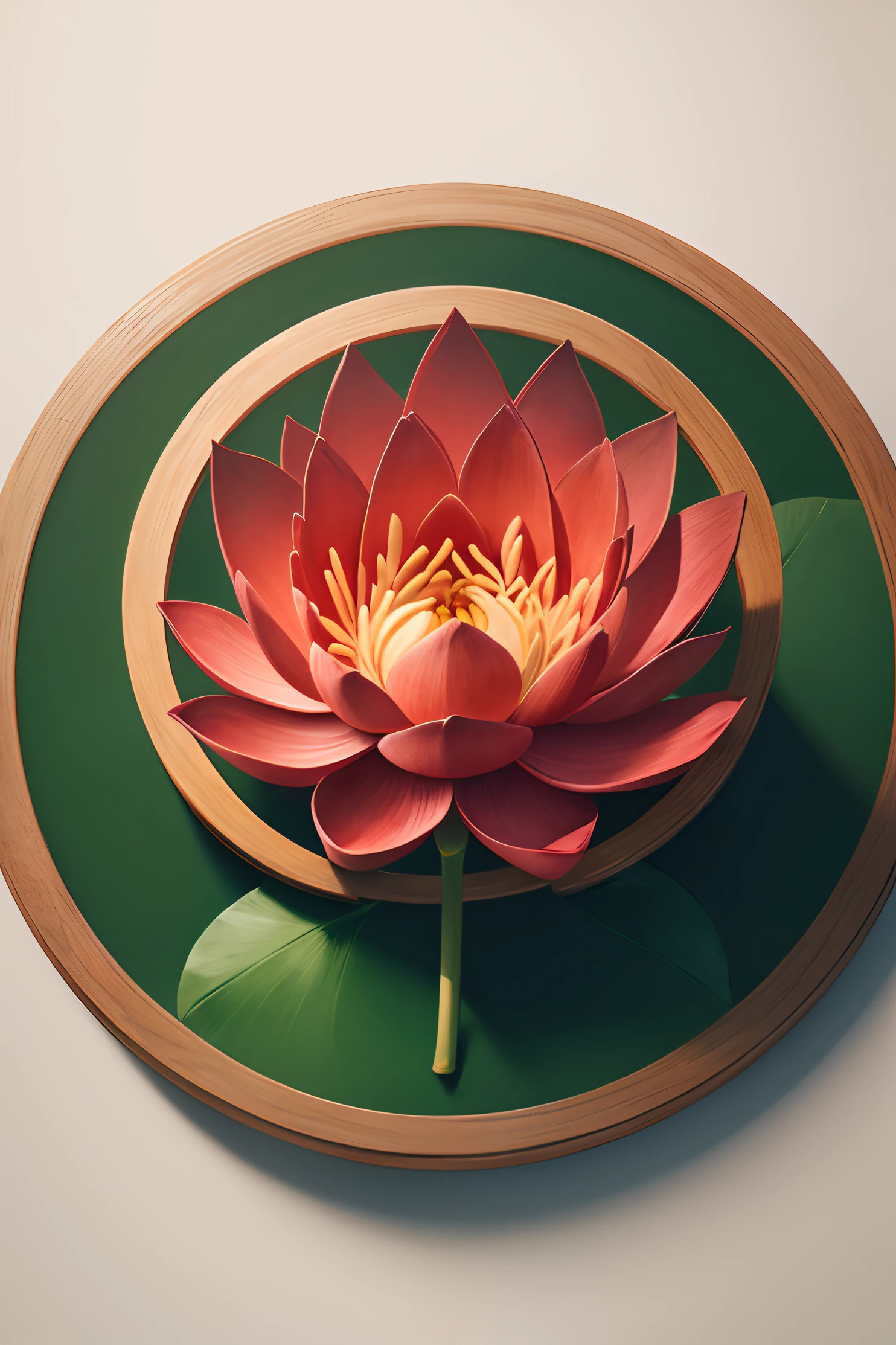 hand drawn drawing of a red lotus flower inside a circle and on a green background