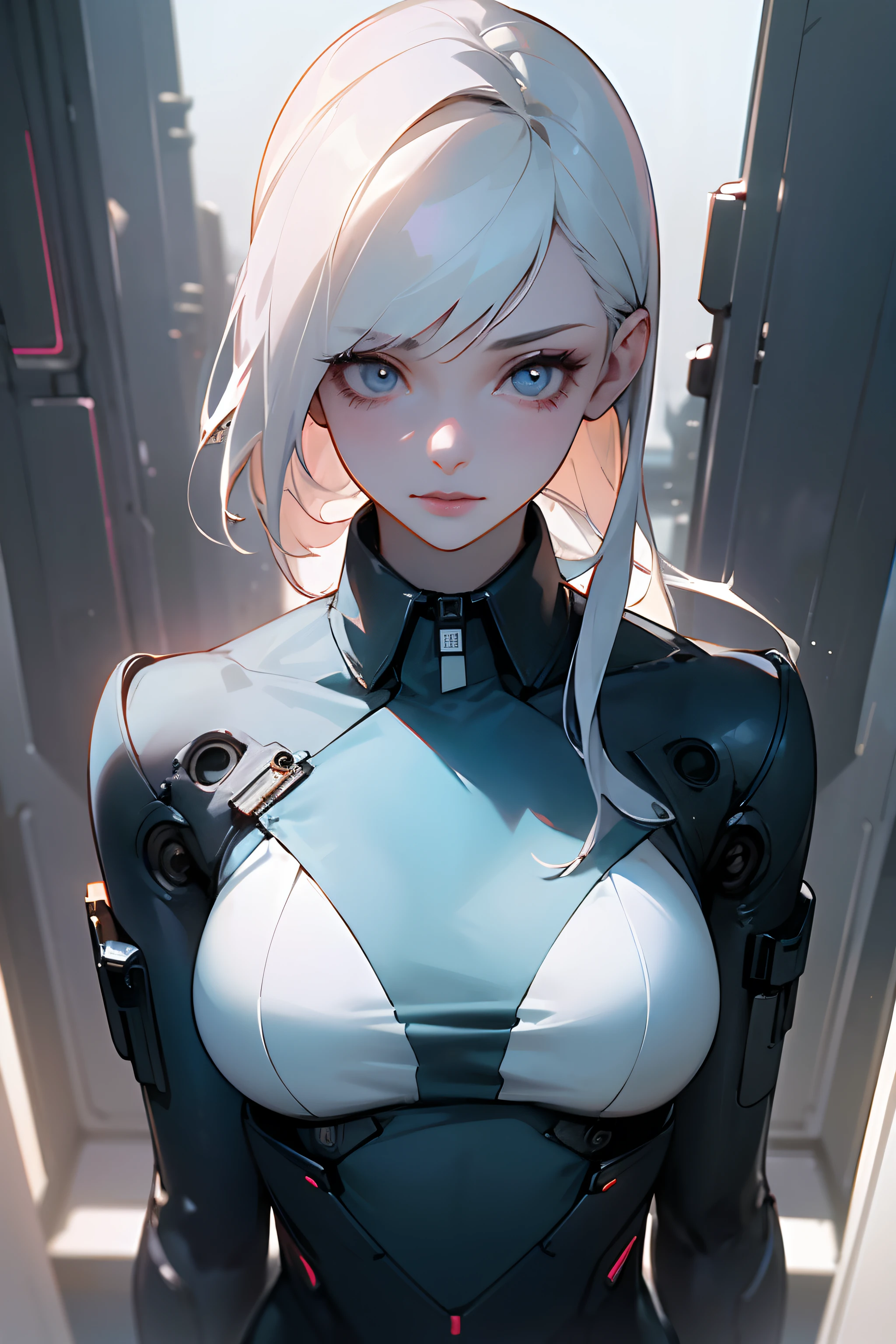 (1girl:1.3), solo, __body parts__ delicate and realistic skin, pale skin, big, official art, unified 16k wallpaper, ultra detail, beauty and aesthetics, beauty, masterpiece, best quality, in cyberpunk city, fantastic atmosphere, calm color palette, peaceful mood, soft shadows, flight attendant uniform, glamour