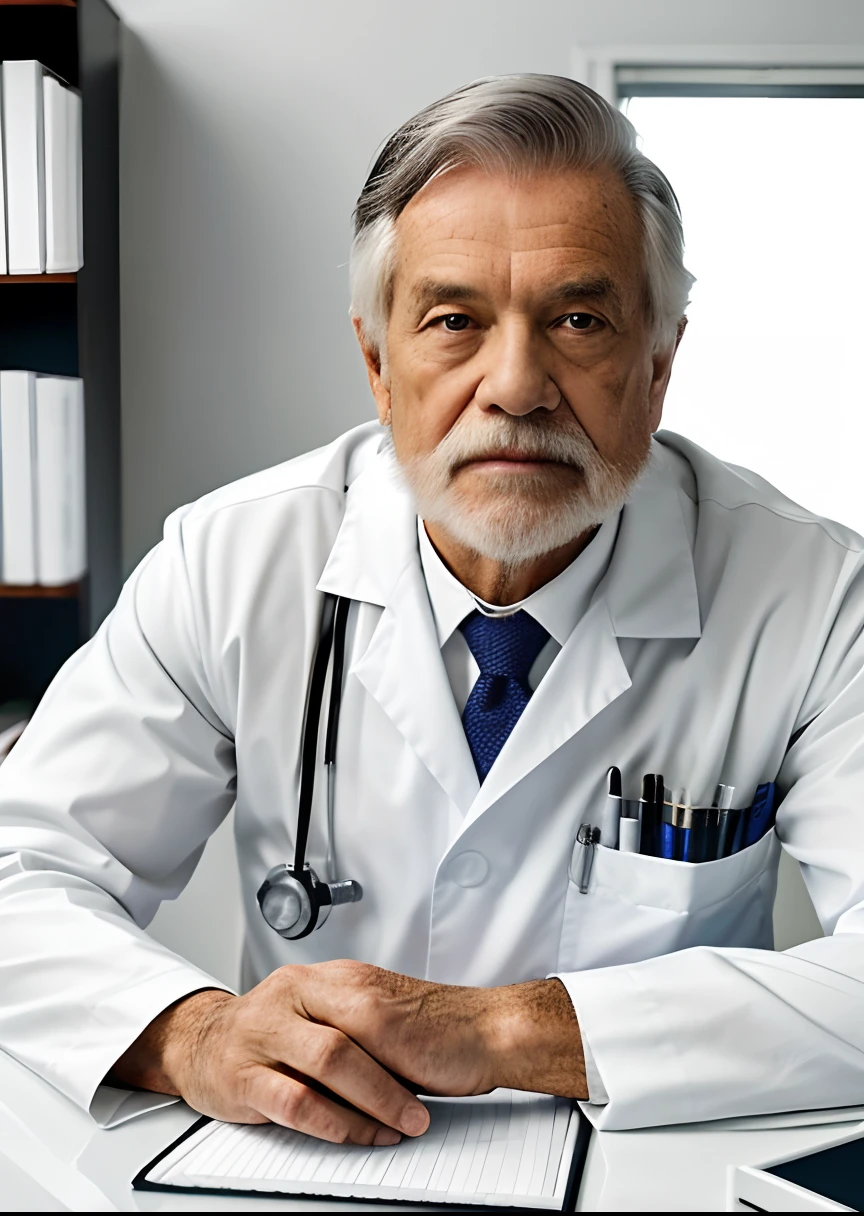Homem idoso velho de terno branco e gravata sentado em uma mesa, foto de um homem, sitting at desk, wearing a medical suit, foto corporativa, homem bonito, retrato profissional hd