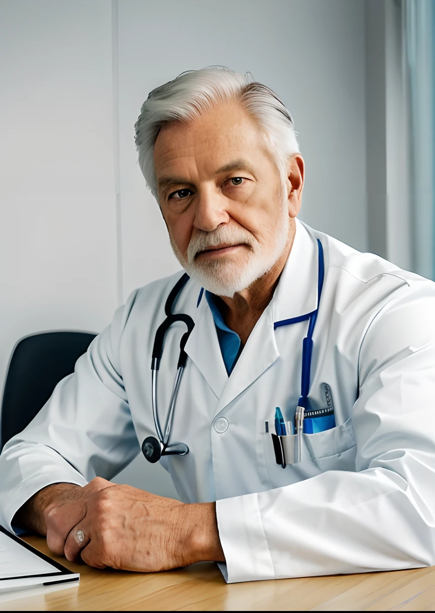 Homem idoso velho de terno branco e gravata sentado em uma mesa, foto de um homem, sitting at desk, wearing a medical suit, foto corporativa, homem bonito, retrato profissional hd