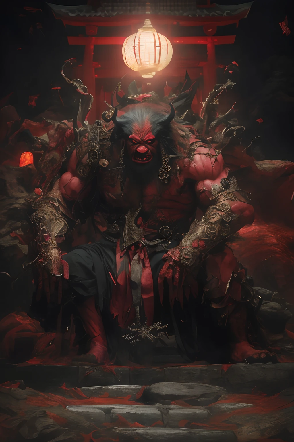 A painting of a demon sitting on a throne,There is a lantern on it, by Yang J, Horne, in style the demon seated, villain wearing a red oni mask, author:feng zhu, author:Yang Jin, Demon Samurai, demon samurai warrior, Artstation contest winner, Diablo digital concept art, best of artstation, wojtek fus, Torii gate, Japan, kyoto, Cyber, punk, Orc symbaroum, Samurai, Renders, 4K, unreal, art stations, Cold