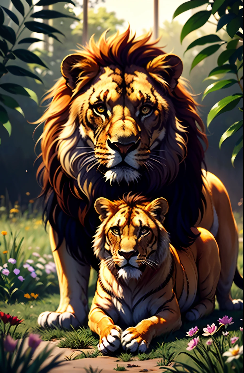 a stunning photo of a couple lion surrounded by plants in a flower meadow, 8k resolution concept art( intricate details:1.2), sunlight, (high quality:1.2), trending on artstation, 8k, absurdres, extremely detailed fur, (close up:1.1)