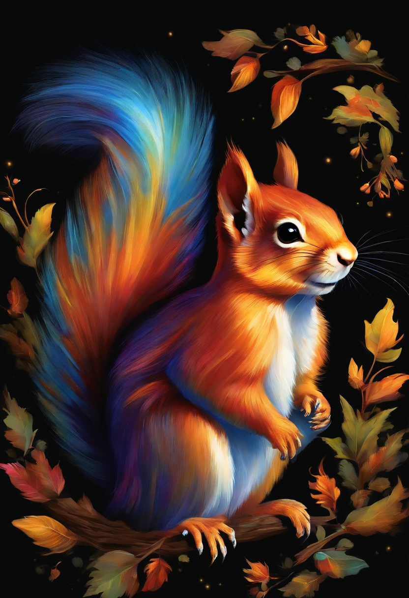 a painting of a colorful squirrel on a black background,, breathtaking rendering, within a radiant connection, inspired by Kinuko Y. Craft,, magical elements, kitten icon, wow, is beautiful, casting a multi colorful spell, bright flash, flash