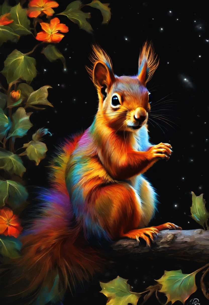 a painting of a colorful squirrel on a black background,, breathtaking rendering, within a radiant connection, inspired by Kinuko Y. Craft,, magical elements, kitten icon, wow, is beautiful, casting a multi colorful spell, bright flash, flash