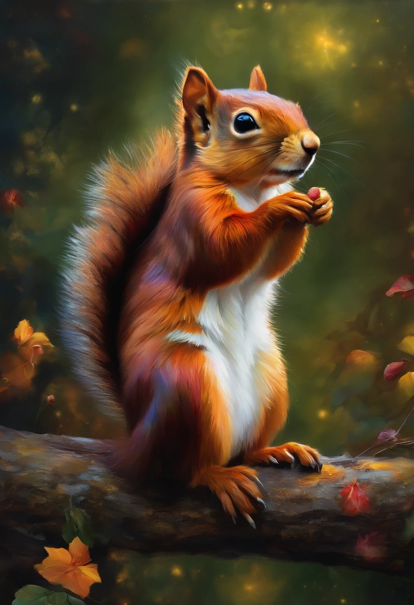 a painting of a colorful squirrel on a black background,, breathtaking rendering, within a radiant connection, inspired by Kinuko Y. Craft,, magical elements, kitten icon, wow, is beautiful, casting a multi colorful spell, bright flash, flash