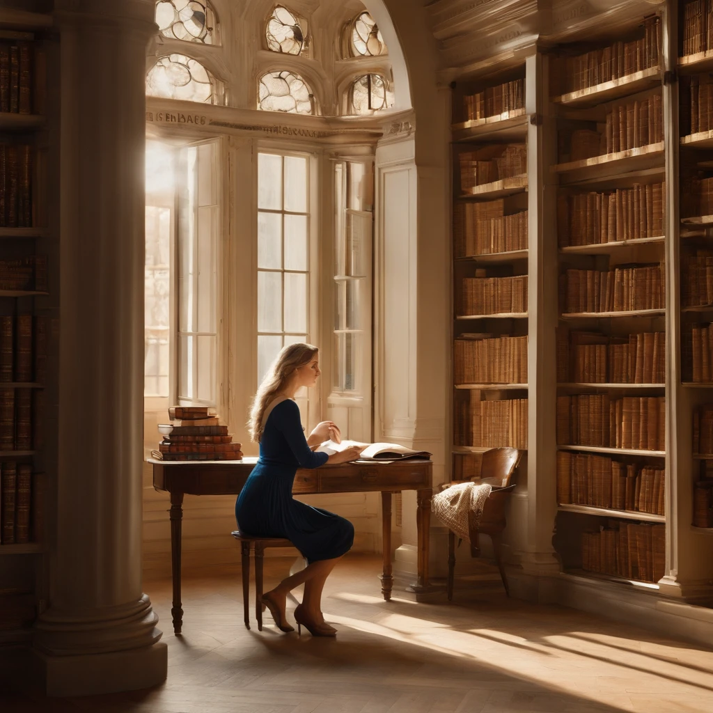 a young woman captures your attention. Her blond hair falls gracefully over her shoulders, and her fair complexion seems to absorb the soft library lighting, giving her an almost ethereal glow. Clad in a cozy, cream-colored knit sweater and well-worn jeans, she exudes an air of comfort and familiarity within these walls.
In her delicate hand, she holds a Starbucks cup—an oasis of modern convenience amidst the pages of history. The cup's logo and the aromatic steam wafting from it stand as a nod to contemporary life intertwining with the past. Her choice of beverage reflects a harmonious blend of modern indulgence and intellectual immersion.
Beyond the focal point of the young woman, the scene unfurls to reveal fellow patrons absorbed in their own pursuits. At a wooden table bathed in gentle light, a student pores over a thick textbook, scribbling notes diligently. Nearby, an older gentleman flips through the pages of a meticulously organized notebook, his index finger tracing lines of thought. Each individual creates a unique tableau of intellectual engagement, together composing a collective tapestry of introspection within the library's sanctum.
In her delicate hand, she holds a Starbucks cup an oasis of modern convenience amidst the pages of history. The cup's logo and the aromatic steam wafting from it stand as a nod to contemporary life intertwining with the past.
The young woman captures your attention. Her blond hair falls gracefully over her shoulders, and her fair complexion seems to absorb the soft library lighting, giving her an almost ethereal glow. Clad in a cozy, cream-colored knit sweater and well-worn jeans, she exudes an air of comfort and familiarity within these walls.
Her eyes, a mesmerizing shade of blue-gray, are like pools of contemplation reflecting the depths of the knowledge-filled surroundings. These eyes possess an innate tranquility, as if they have absorbed the wisdom of countless pages and absorbed the serenity of the library's