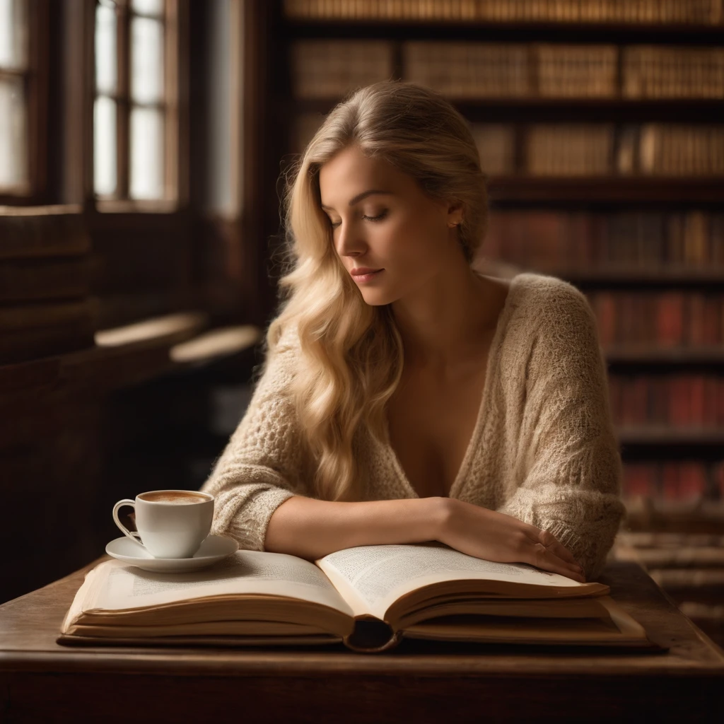 naked, a girl reading a textbook, beautiful detailed blue eyes, beautiful detailed lips, longeyelashes, studying, a quiet library, soft natural lighting, bookshelves filled with books, curled up on a cozy armchair, reading glasses, concentrated expression, flowing blonde hair, plaid skirt and sweater, high-res image, vivid colors, ultra-realistic, bokeh, cleavage, bare shoulders.