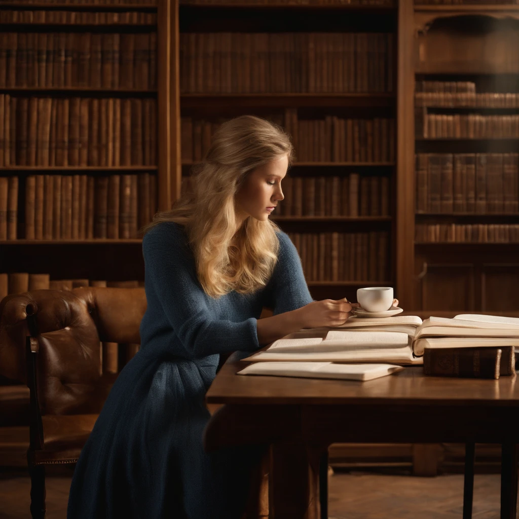 a young woman captures your attention. Her blond hair falls gracefully over her shoulders, and her fair complexion seems to absorb the soft library lighting, giving her an almost ethereal glow. Clad in a cozy, cream-colored knit sweater and well-worn jeans, she exudes an air of comfort and familiarity within these walls.

In her delicate hand, she holds a Starbucks cup—an oasis of modern convenience amidst the pages of history. The cup's logo and the aromatic steam wafting from it stand as a nod to contemporary life intertwining with the past. Her choice of beverage reflects a harmonious blend of modern indulgence and intellectual immersion.

Beyond the focal point of the young woman, the scene unfurls to reveal fellow patrons absorbed in their own pursuits. At a wooden table bathed in gentle light, a student pores over a thick textbook, scribbling notes diligently. Nearby, an older gentleman flips through the pages of a meticulously organized notebook, his index finger tracing lines of thought. Each individual creates a unique tableau of intellectual engagement, together composing a collective tapestry of introspection within the library's sanctum.

In her delicate hand, she holds a Starbucks cup an oasis of modern convenience amidst the pages of history. The cup's logo and the aromatic steam wafting from it stand as a nod to contemporary life intertwining with the past. 

The young woman captures your attention. Her blond hair falls gracefully over her shoulders, and her fair complexion seems to absorb the soft library lighting, giving her an almost ethereal glow. Clad in a cozy, cream-colored knit sweater and well-worn jeans, she exudes an air of comfort and familiarity within these walls.

Her eyes, a mesmerizing shade of blue-gray, are like pools of contemplation reflecting the depths of the knowledge-filled surroundings. These eyes possess an innate tranquility, as if they have absorbed the wisdom of countless pages and absorbed the serenity of the library's