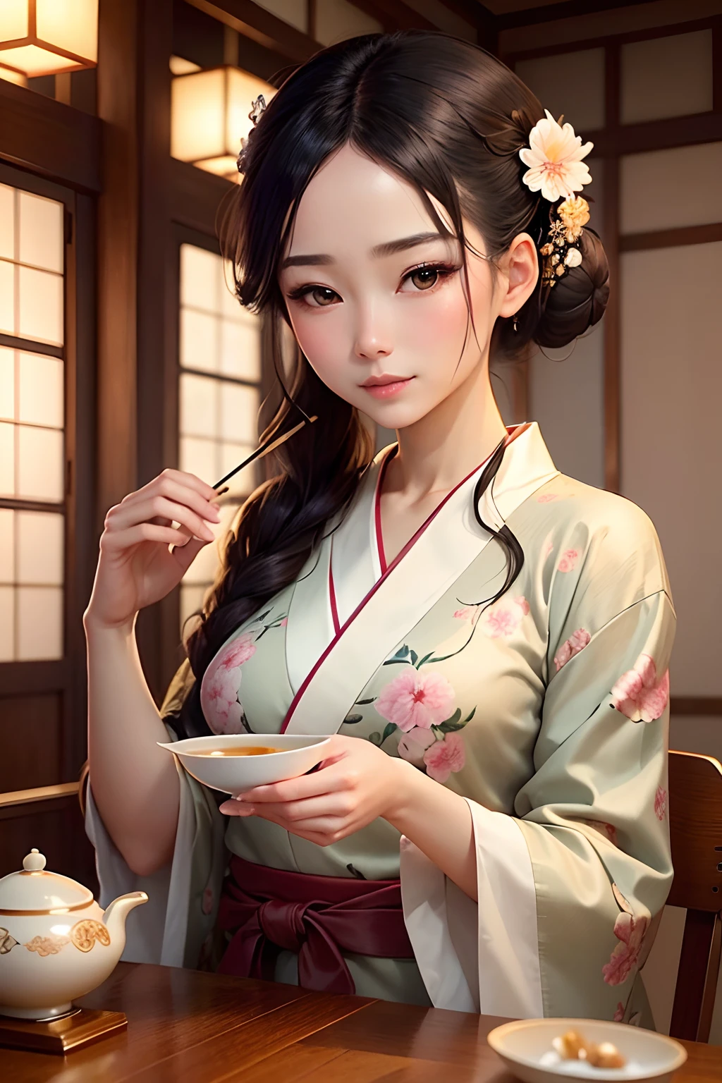 beautiful detailed eyes, beautiful detailed lips, long black hair tied up in a bun, porcelain skin, traditional kimonos, delicate flowers in her hair, elegant posture, traditional Japanese makeup, excitement in her eyes, anticipation, traditional tea ceremony set, soft natural lighting, cherry blossom backdrop, tranquil atmosphere, graceful movements, shy smile, gentle manners, vibrant colors, authentic cultural experience, exquisite craftsmanship, traditional wooden room, delicate tea cups, silk kimono fabric, intricate patterns, tea ceremony utensils, subtle fragrance of green tea, peaceful and serene ambience, meticulous attention to detail, harmonious balance, timeless beauty, sophisticated charm