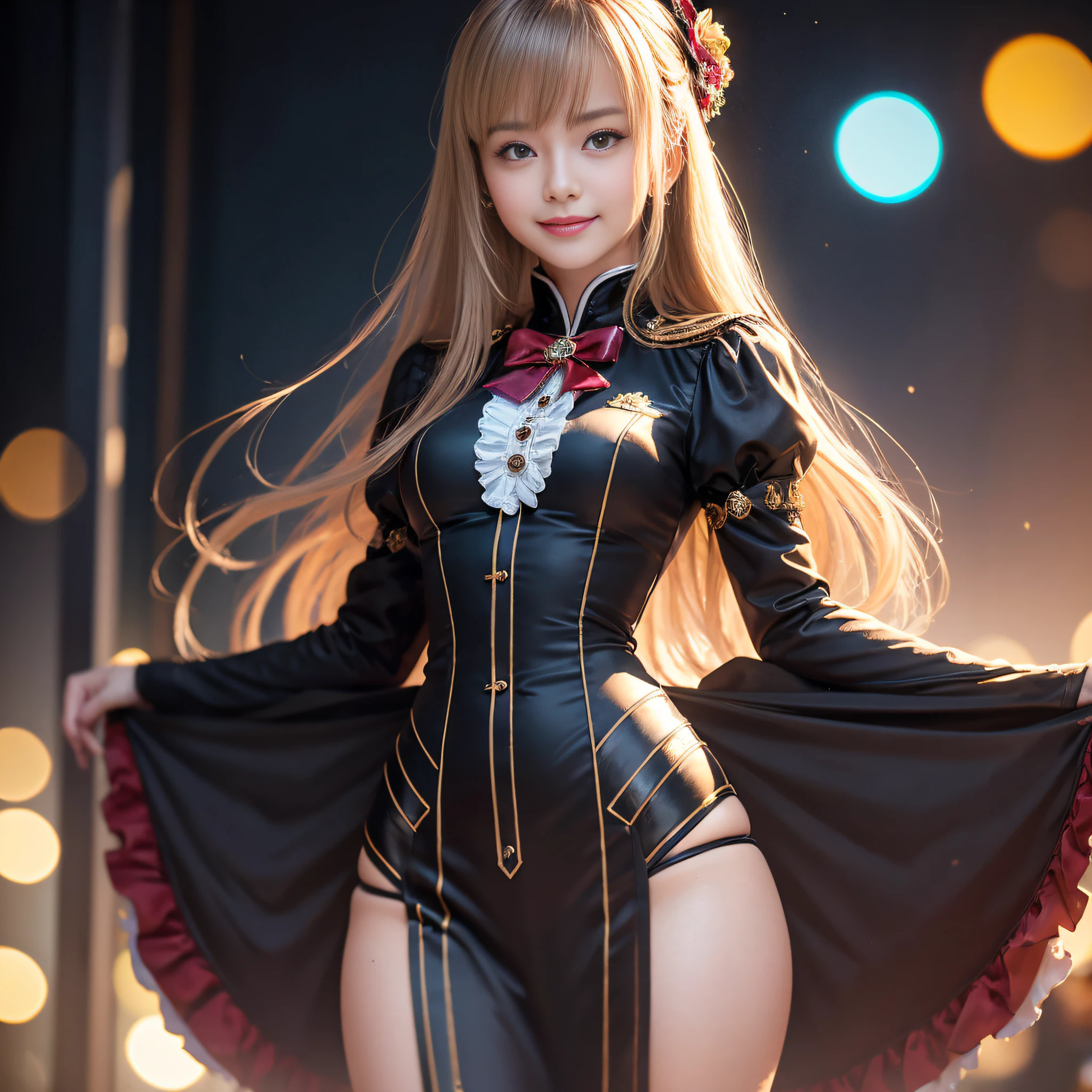 photorealistuc, masterpiece，Ultimate quality，A long-won photo contest，Background bokeh，The depth of field is full，HDR high dynamics，True restore，Long legs，Cecilia，Uniform temptation，Enchanted smile，Seductive action
