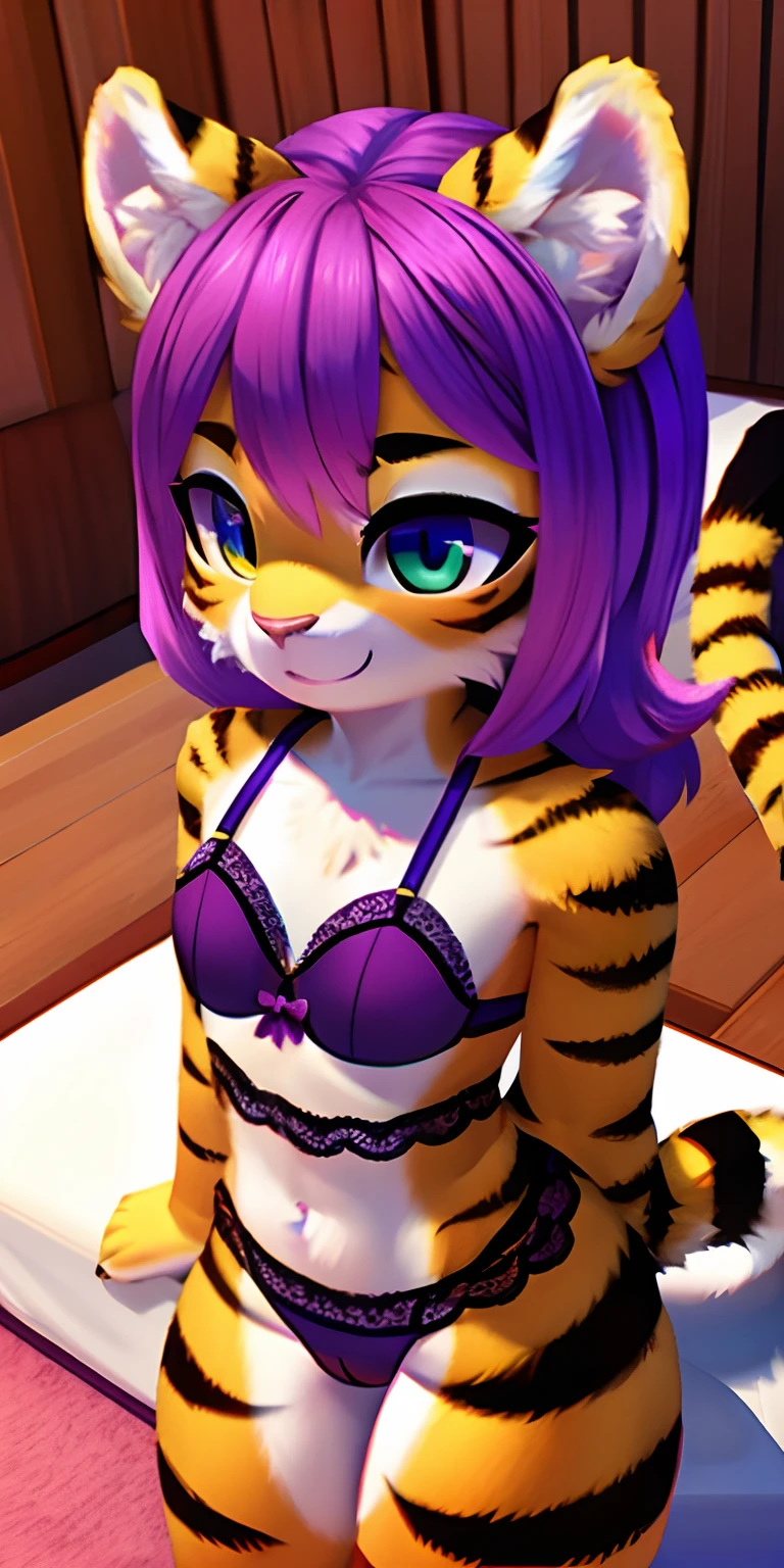 Cute little character in bright 3d with front, Tiger, Cute  girl s, banana in, long purple hair, lingerie